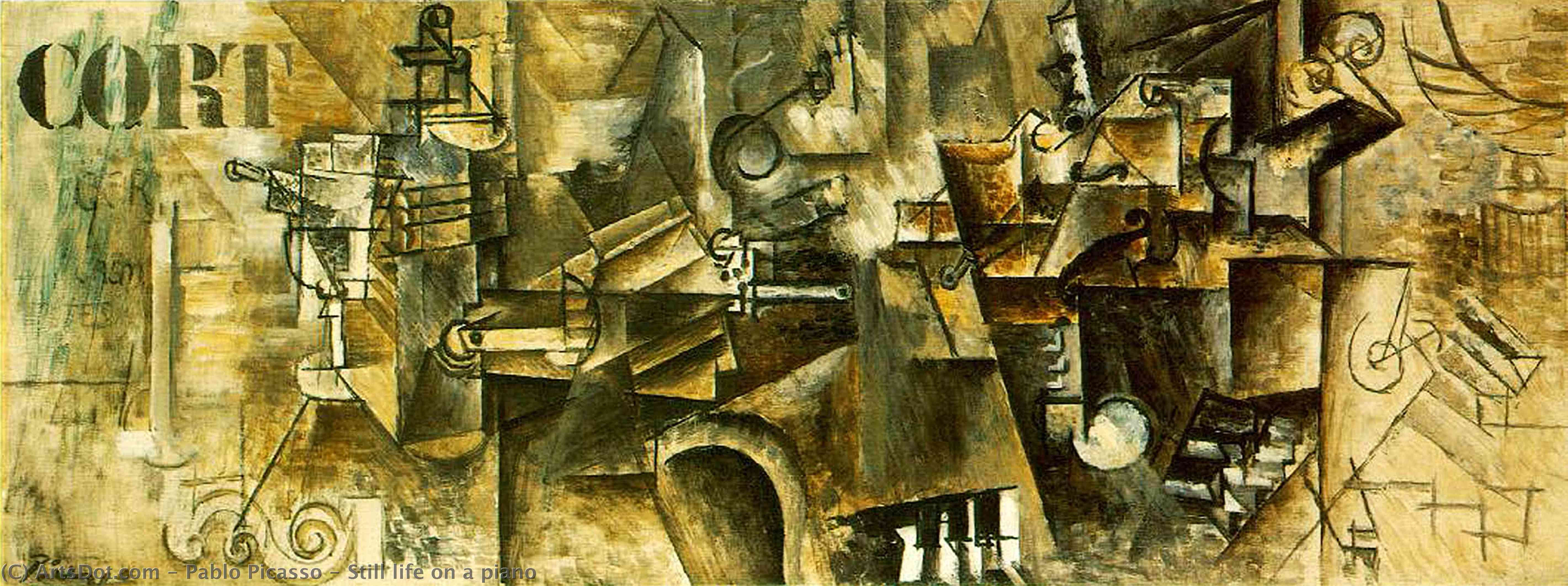 Wikioo.org – La Enciclopedia de las Bellas Artes - Pintura, Obras de arte de Pablo Picasso - Naturaleza muerta en un piano
