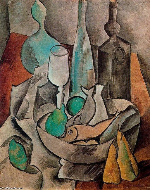 WikiOO.org - Encyclopedia of Fine Arts - Maleri, Artwork Pablo Picasso - Still life with fish and bottles