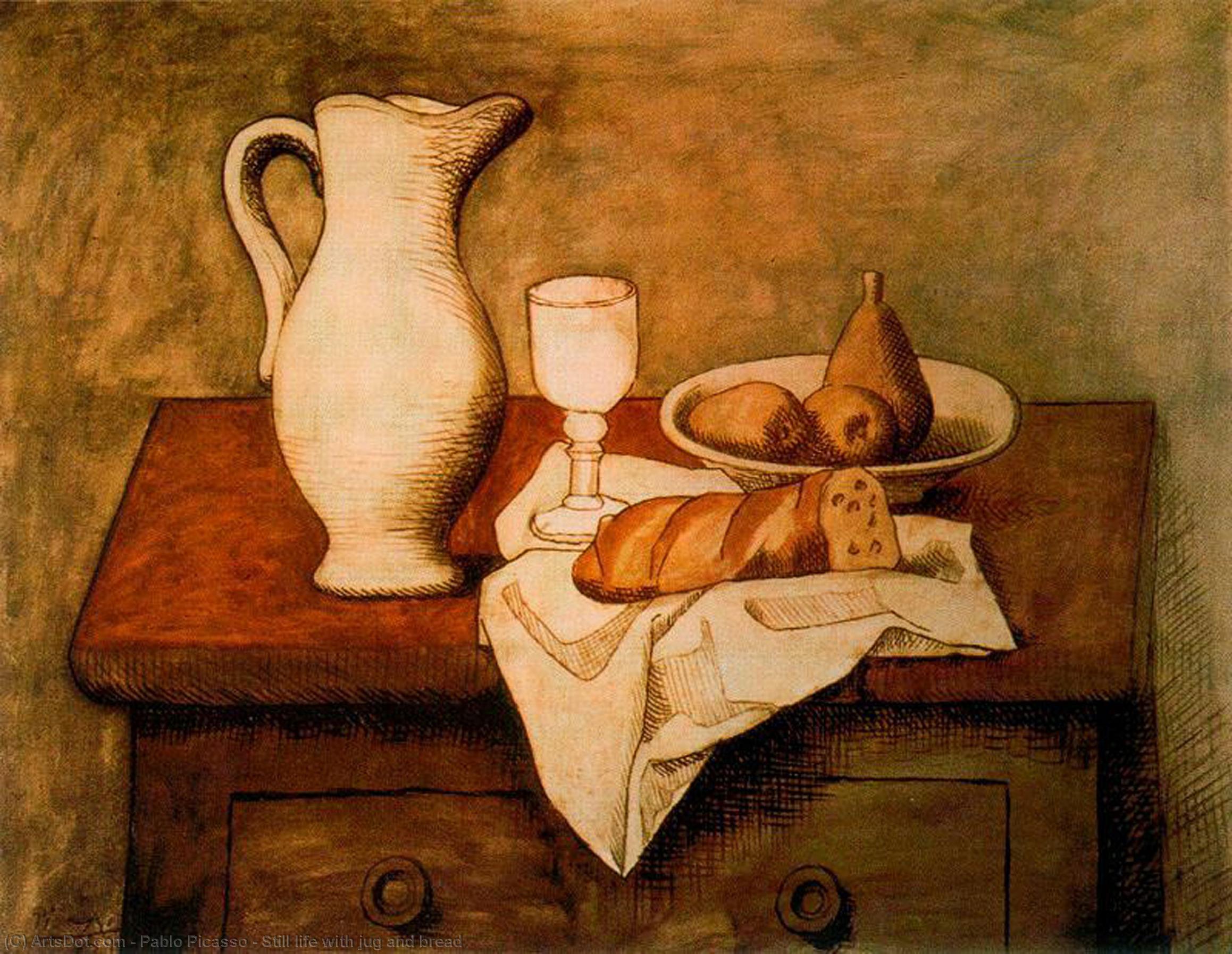 WikiOO.org – 美術百科全書 - 繪畫，作品 Pablo Picasso - 静物  与  瓶  和  面包