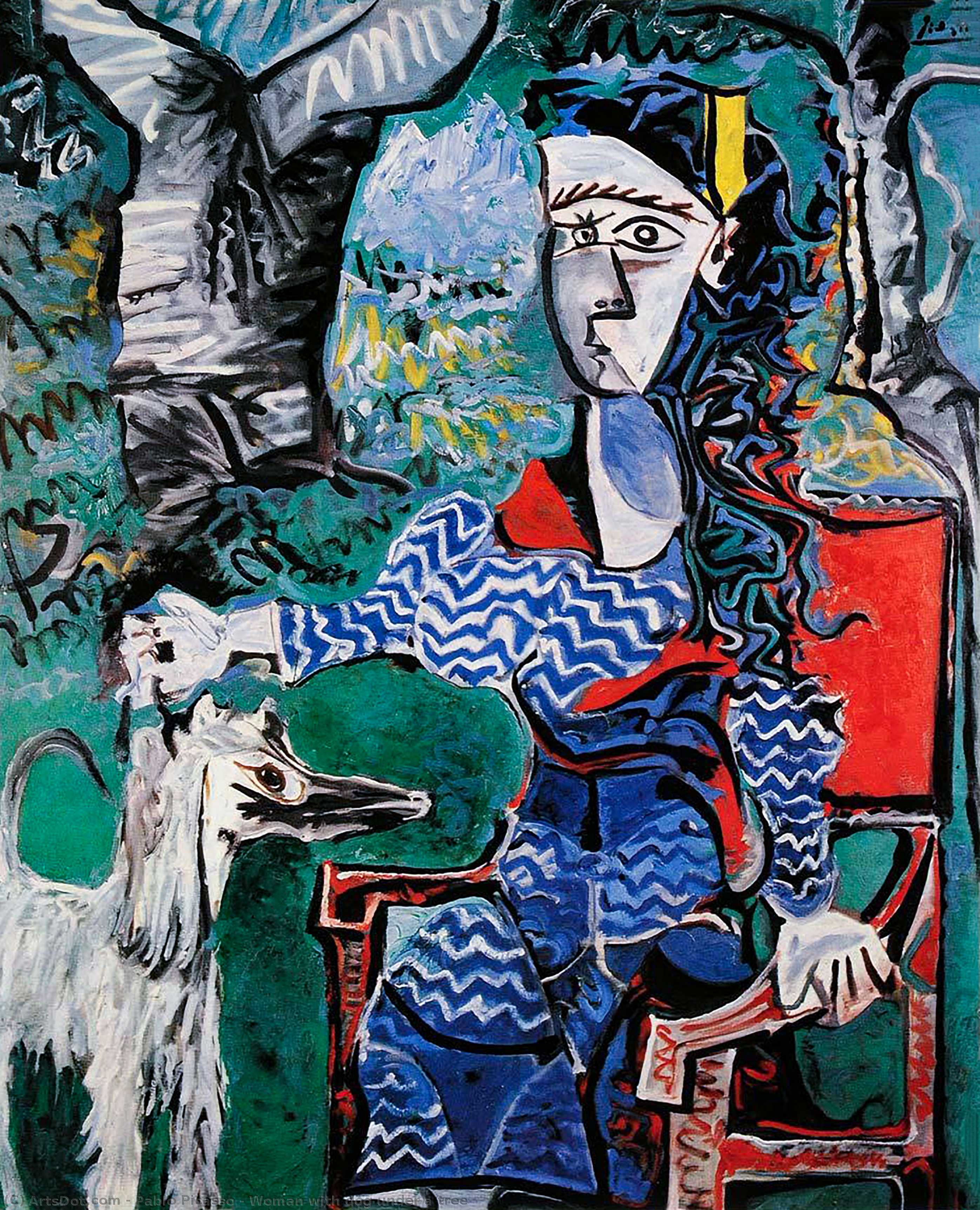 Wikioo.org - Die Enzyklopädie bildender Kunst - Malerei, Kunstwerk von Pablo Picasso - frau mit hund unter a baum