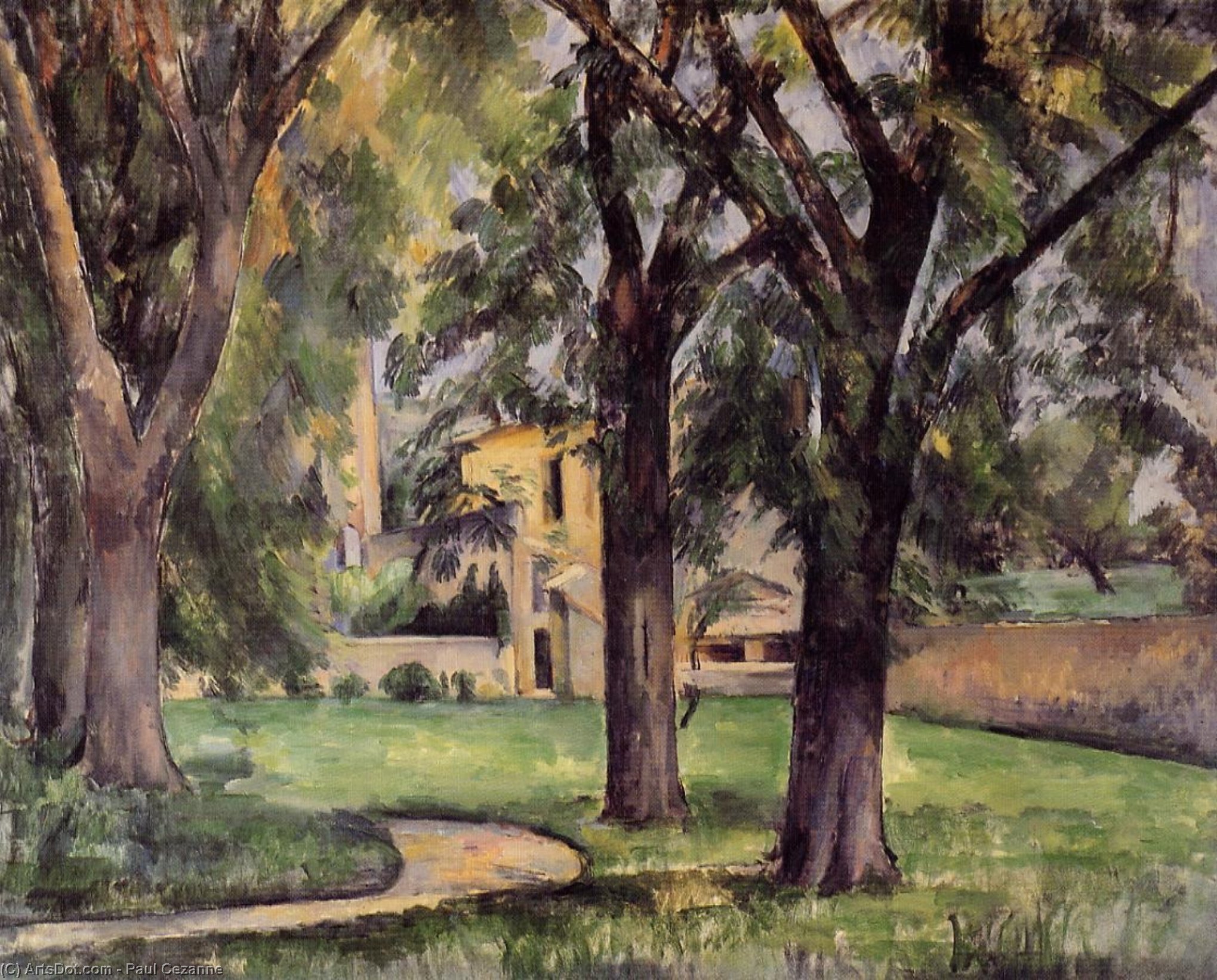 Wikoo.org - موسوعة الفنون الجميلة - اللوحة، العمل الفني Paul Cezanne - Chestnut Tree and Farm at Jas de Bouffan
