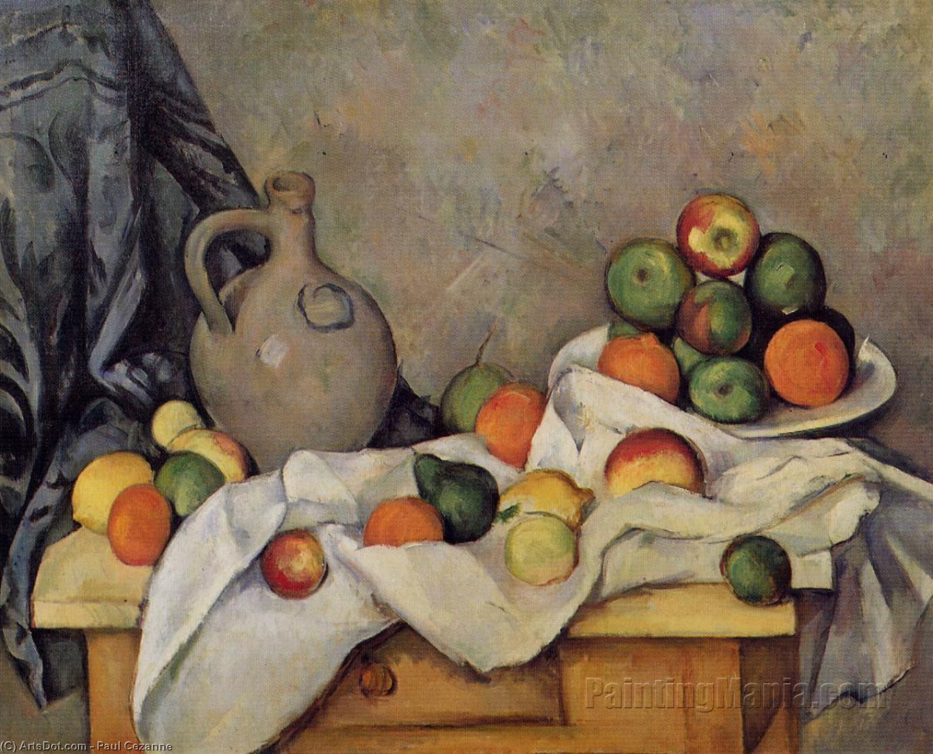WikiOO.org - Encyclopedia of Fine Arts - Maleri, Artwork Paul Cezanne - Curtain, Jug and Fruit