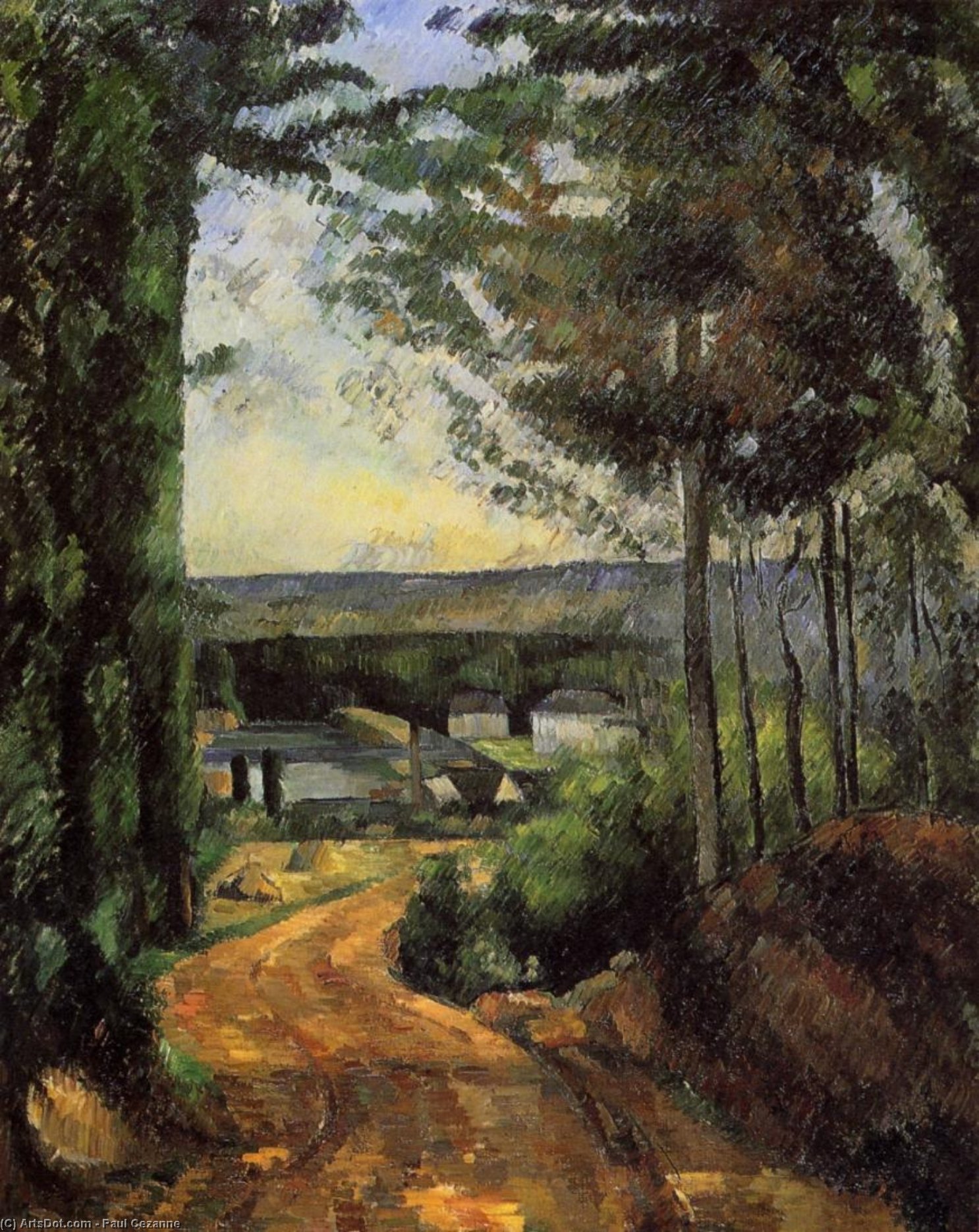 WikiOO.org - Enciclopédia das Belas Artes - Pintura, Arte por Paul Cezanne - Road, Trees and Lake
