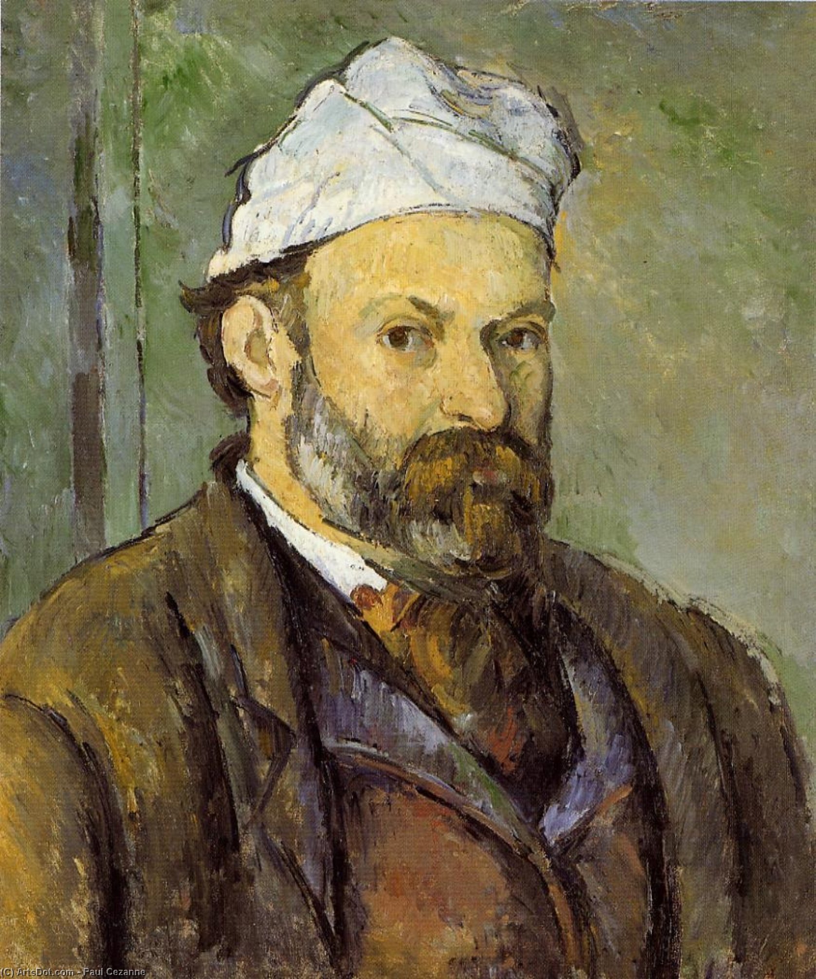 Wikoo.org - موسوعة الفنون الجميلة - اللوحة، العمل الفني Paul Cezanne - Self Portrait in a White Cap