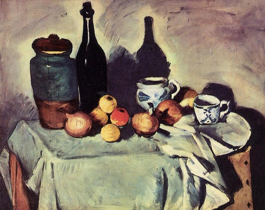 WikiOO.org - Encyclopedia of Fine Arts - Lukisan, Artwork Paul Cezanne - Still Life - Post, Bottle, Cup and Fruit