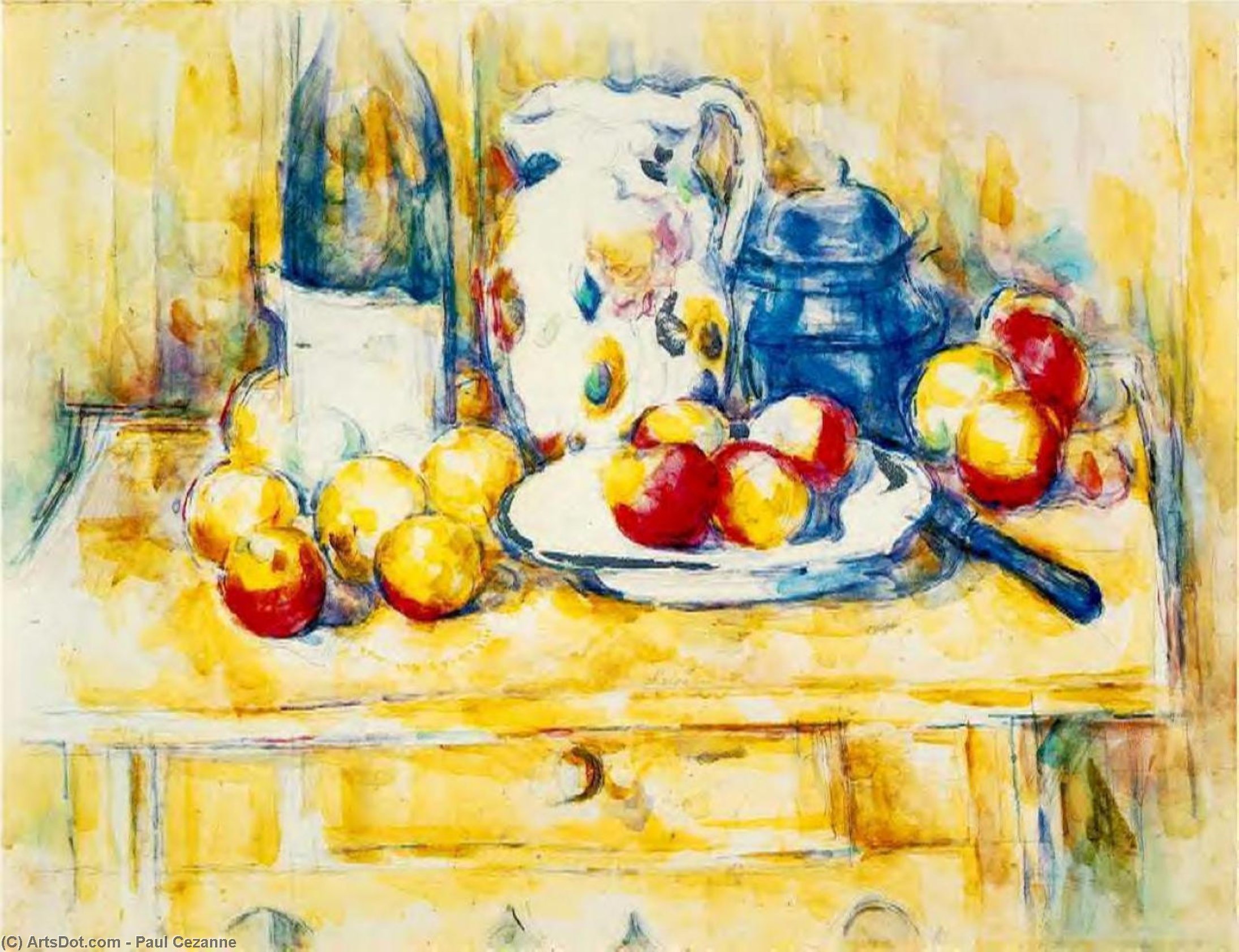 Wikioo.org - The Encyclopedia of Fine Arts - Painting, Artwork by Paul Cezanne - Still Life with Apples, a Bottle and a Milk Pot