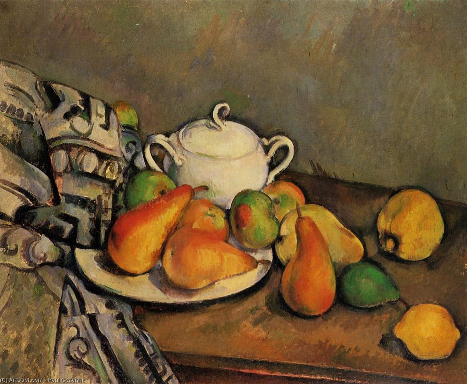 Wikioo.org - The Encyclopedia of Fine Arts - Painting, Artwork by Paul Cezanne - Sugarbowl, Pears and Tablecloth