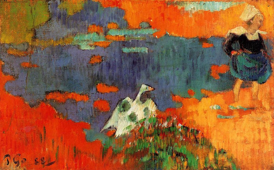 Wikioo.org - The Encyclopedia of Fine Arts - Painting, Artwork by Paul Gauguin - Breton Woman and Goose by the Water