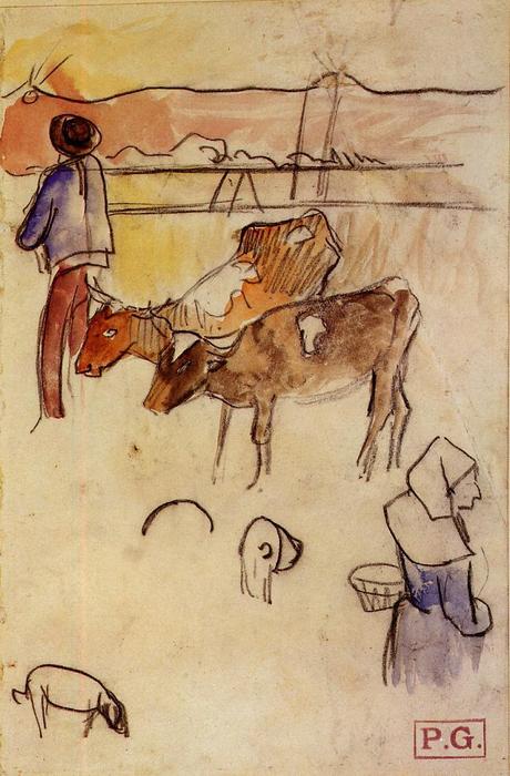 Wikioo.org - The Encyclopedia of Fine Arts - Painting, Artwork by Paul Gauguin - Bretons and Cows (sketch)