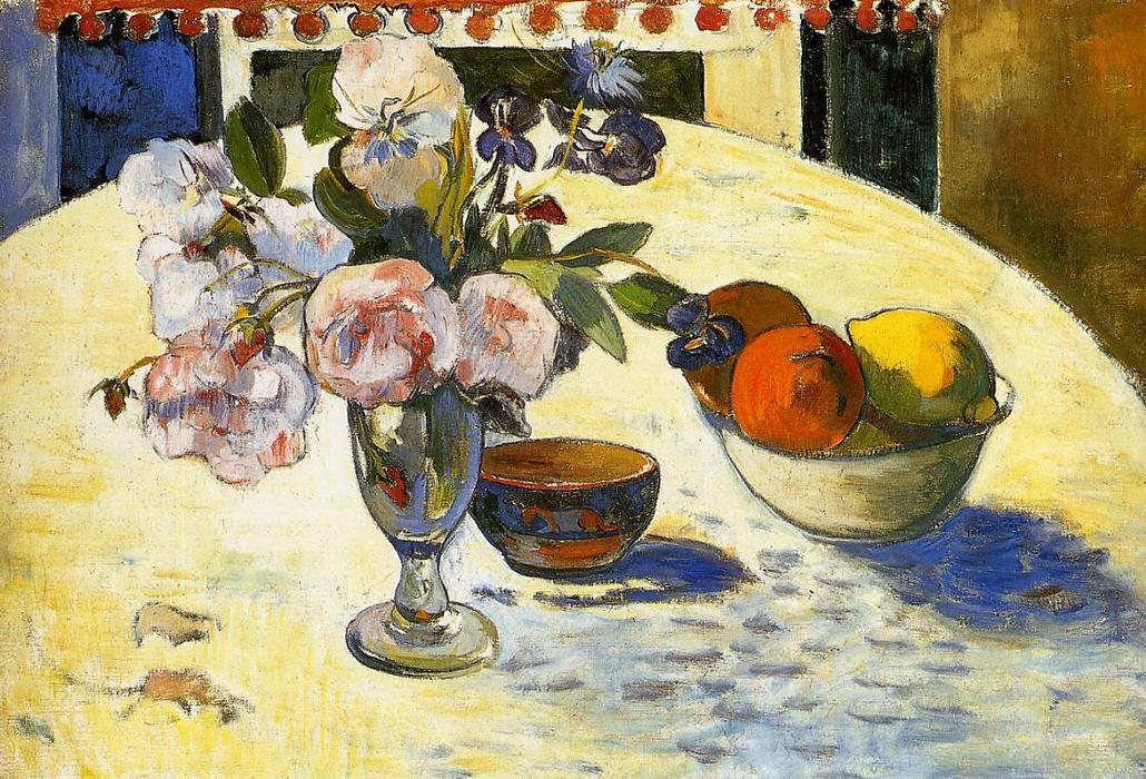 WikiOO.org - Güzel Sanatlar Ansiklopedisi - Resim, Resimler Paul Gauguin - Flowers in a fruit bowl