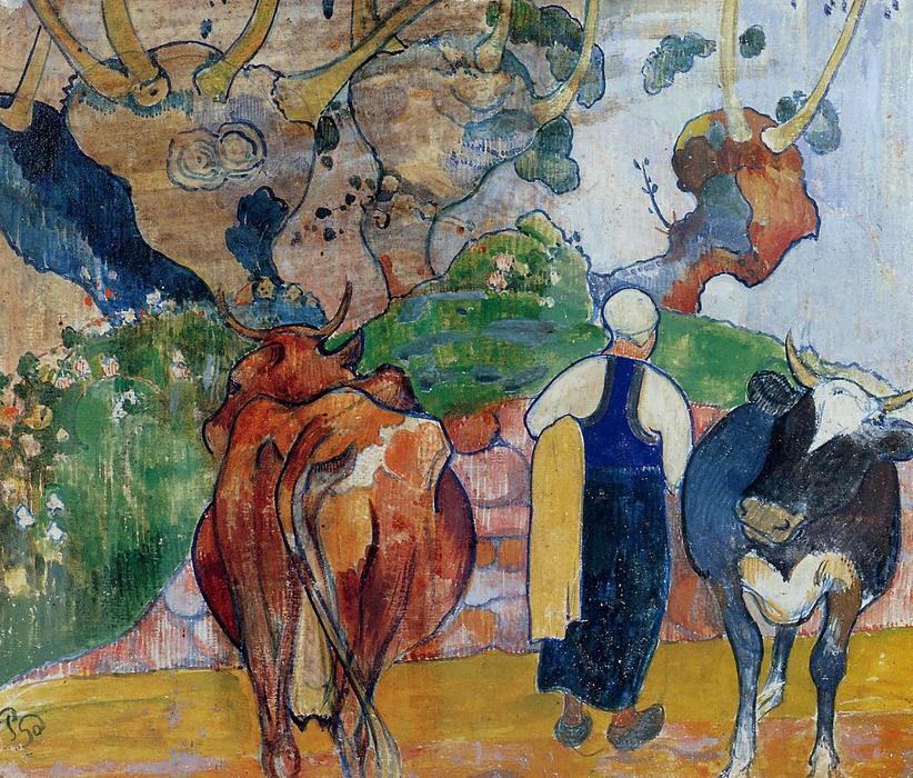 WikiOO.org - Encyclopedia of Fine Arts - Malba, Artwork Paul Gauguin - Peasant Woman and Cows in a Landscape