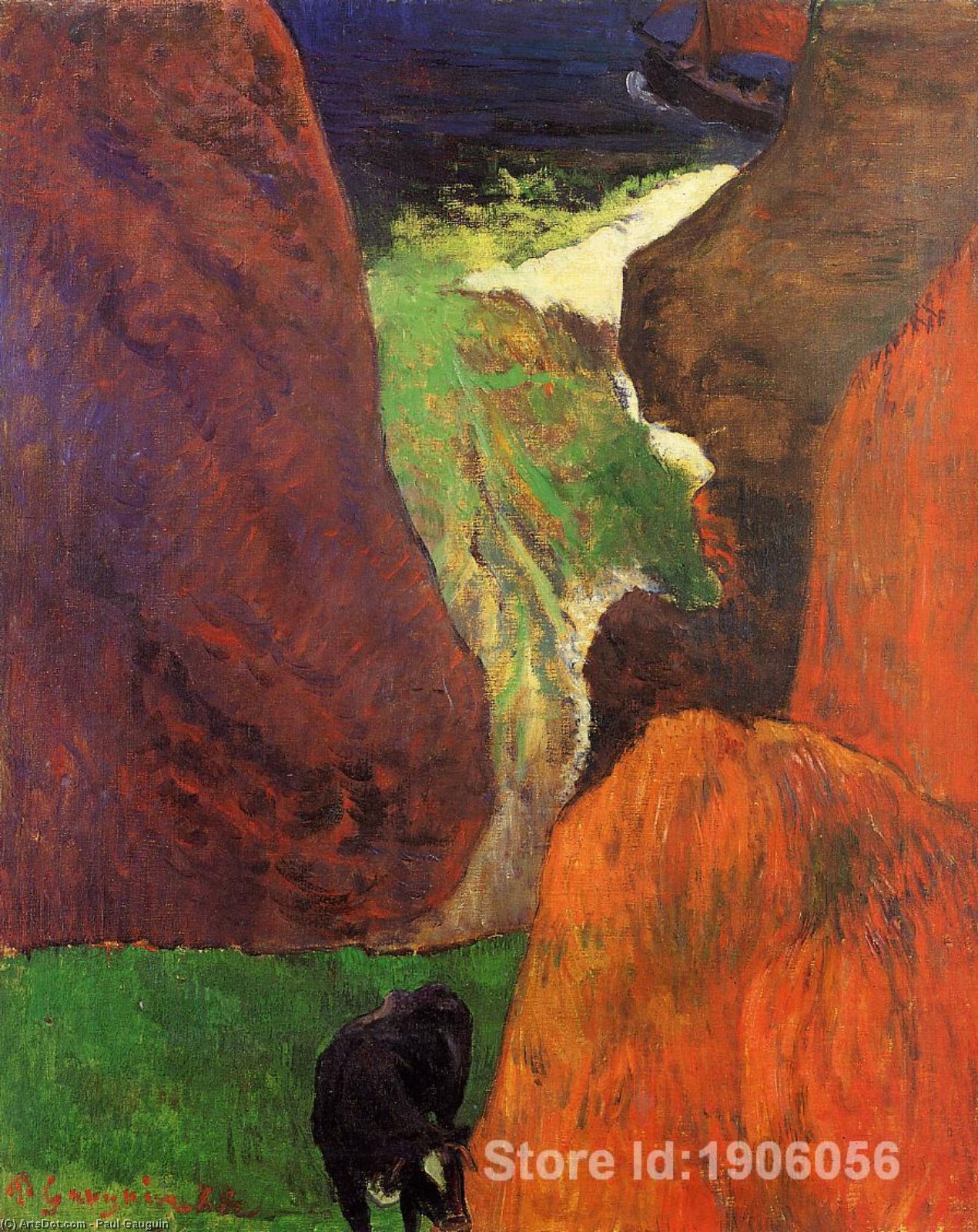 Wikioo.org - The Encyclopedia of Fine Arts - Painting, Artwork by Paul Gauguin - Seascape with cow on the edge of a cliff
