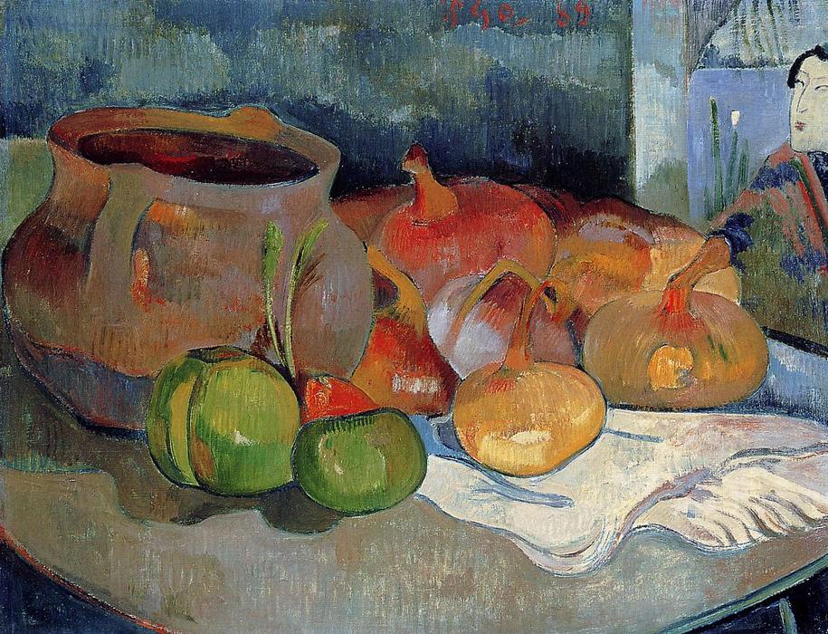 Wikoo.org - موسوعة الفنون الجميلة - اللوحة، العمل الفني Paul Gauguin - Still Life with Onions, Beetroot and a Japanese Print