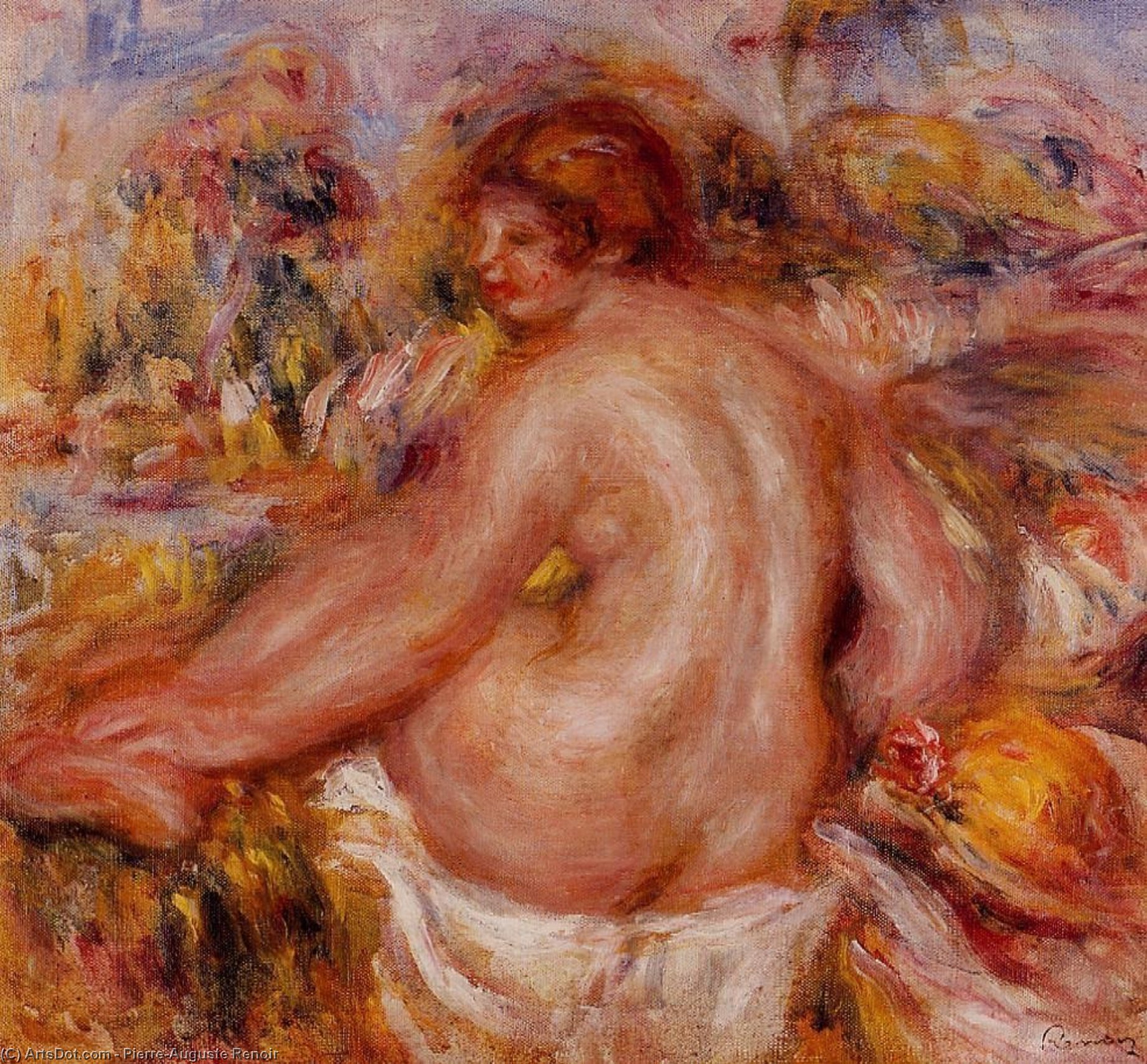 WikiOO.org - 百科事典 - 絵画、アートワーク Pierre-Auguste Renoir - 後 水浴び, 座っている 女性 裸体