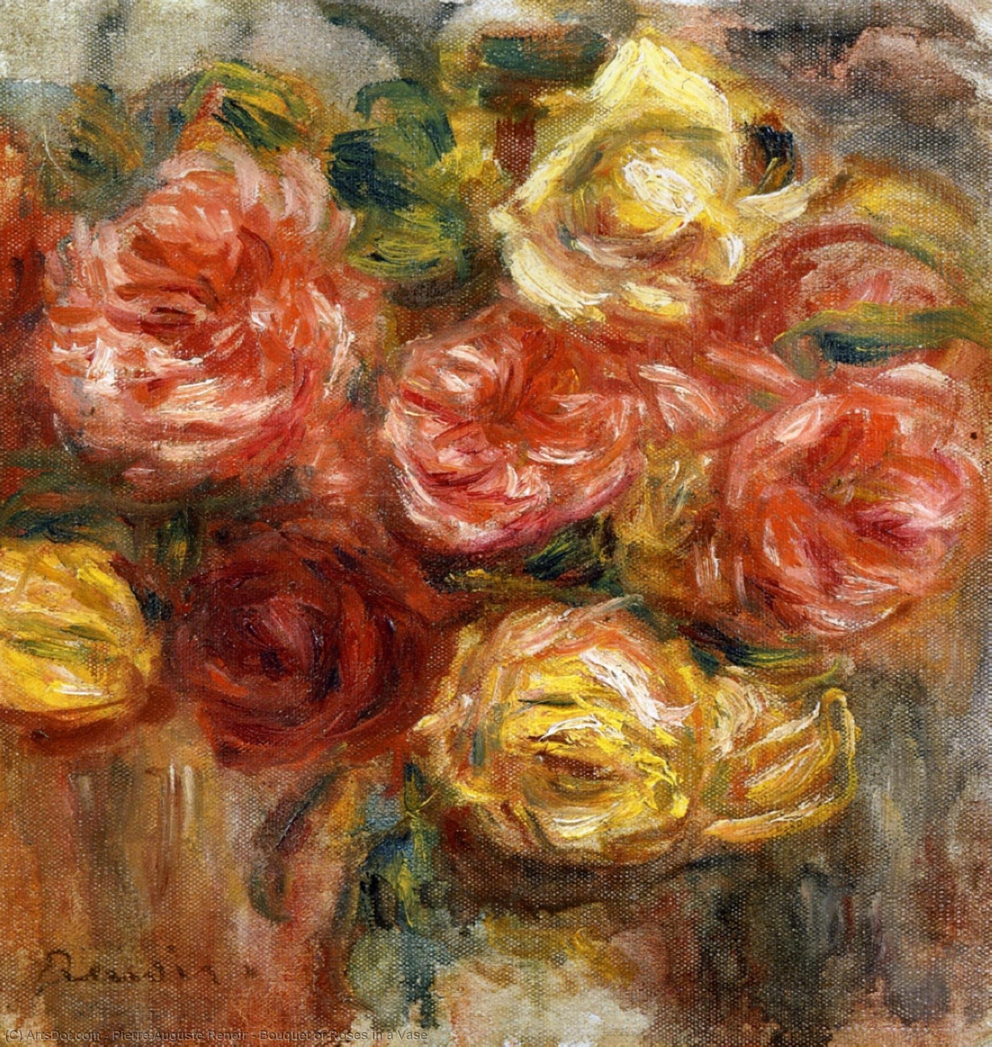 Wikoo.org - موسوعة الفنون الجميلة - اللوحة، العمل الفني Pierre-Auguste Renoir - Bouquet of Roses in a Vase