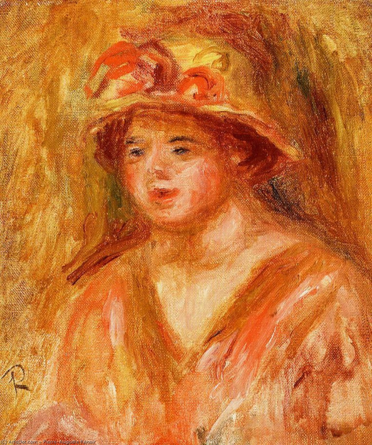 Wikoo.org - موسوعة الفنون الجميلة - اللوحة، العمل الفني Pierre-Auguste Renoir - Bust of a Young Girl in a Straw Hat
