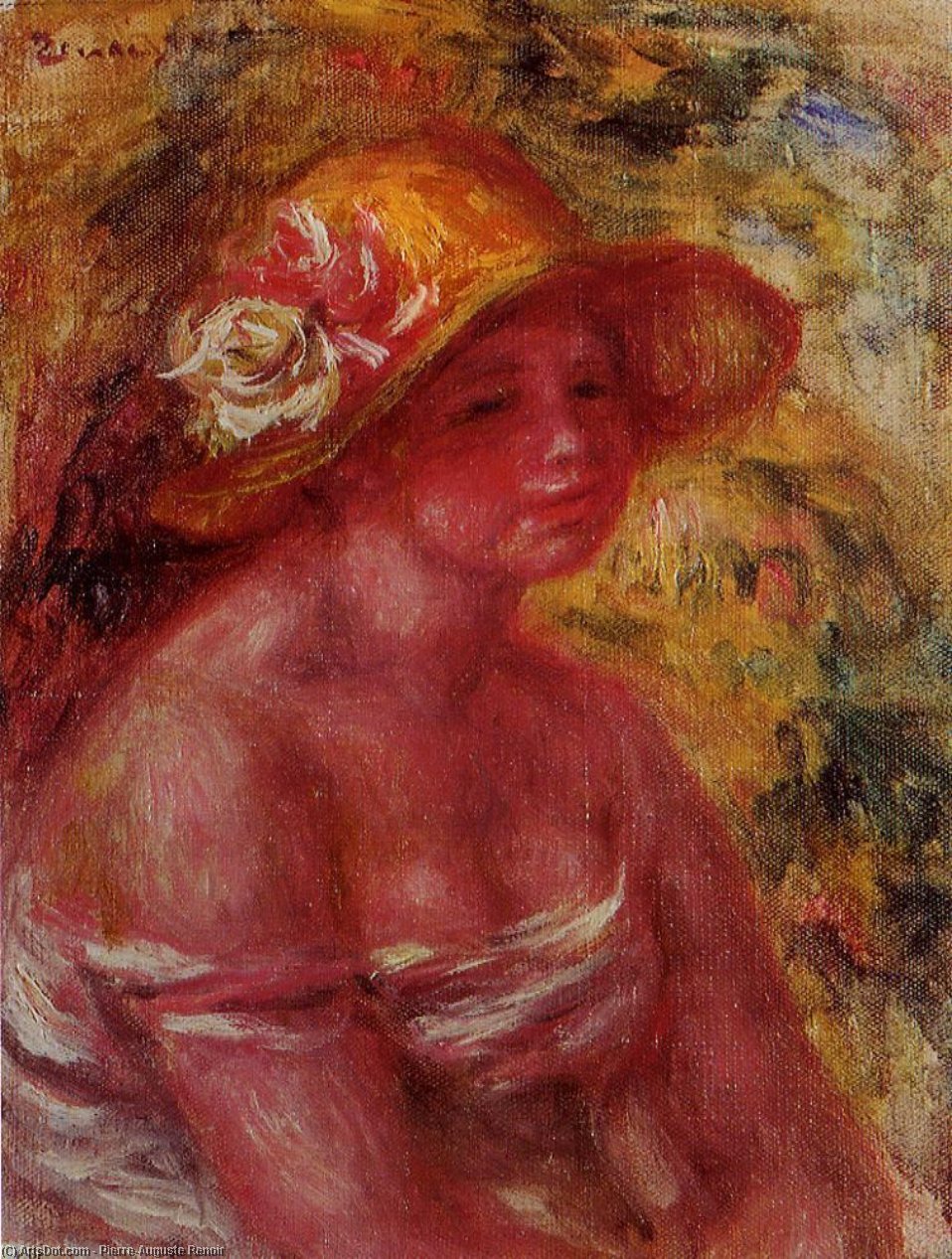 Wikioo.org - สารานุกรมวิจิตรศิลป์ - จิตรกรรม Pierre-Auguste Renoir - Bust of a Young Girl Wearing a Straw Hat