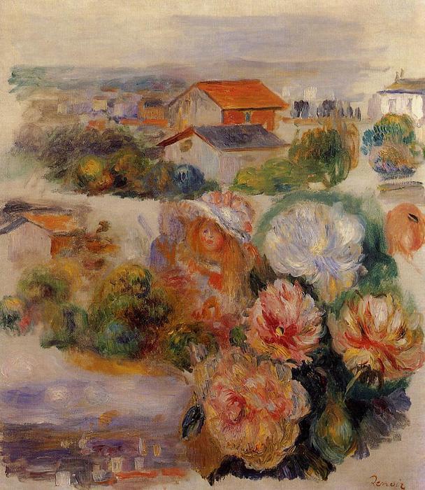 Wikioo.org - The Encyclopedia of Fine Arts - Painting, Artwork by Pierre-Auguste Renoir - Landscape, Flowers and Little Girl