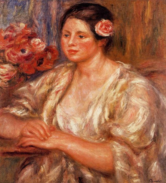 Wikioo.org - Bách khoa toàn thư về mỹ thuật - Vẽ tranh, Tác phẩm nghệ thuật Pierre-Auguste Renoir - Madelaine in a White Blouse and a Bouquet of Flowers
