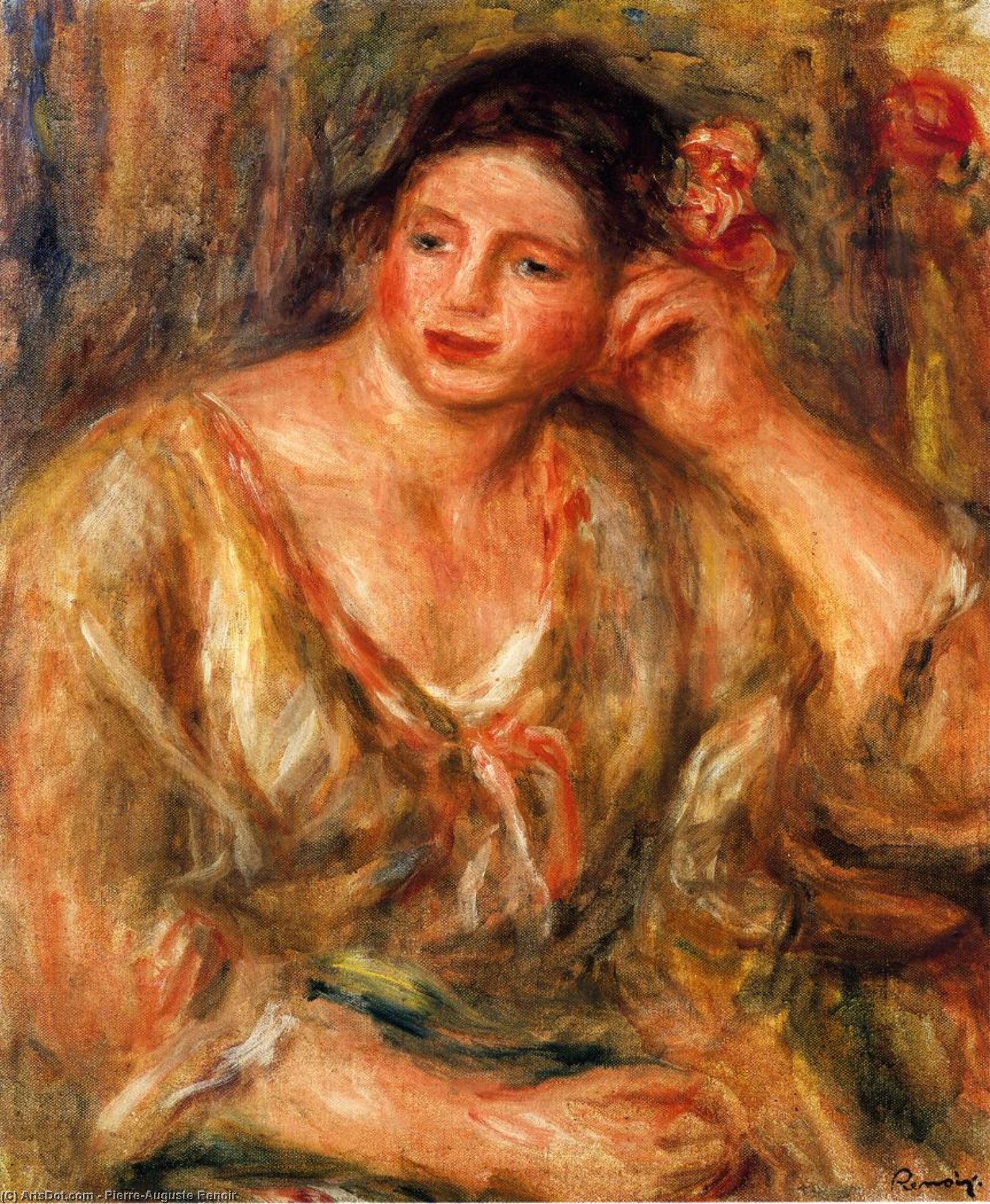 WikiOO.org – 美術百科全書 - 繪畫，作品 Pierre-Auguste Renoir - 马德琳扶着她的胳膊肘与花她的头发
