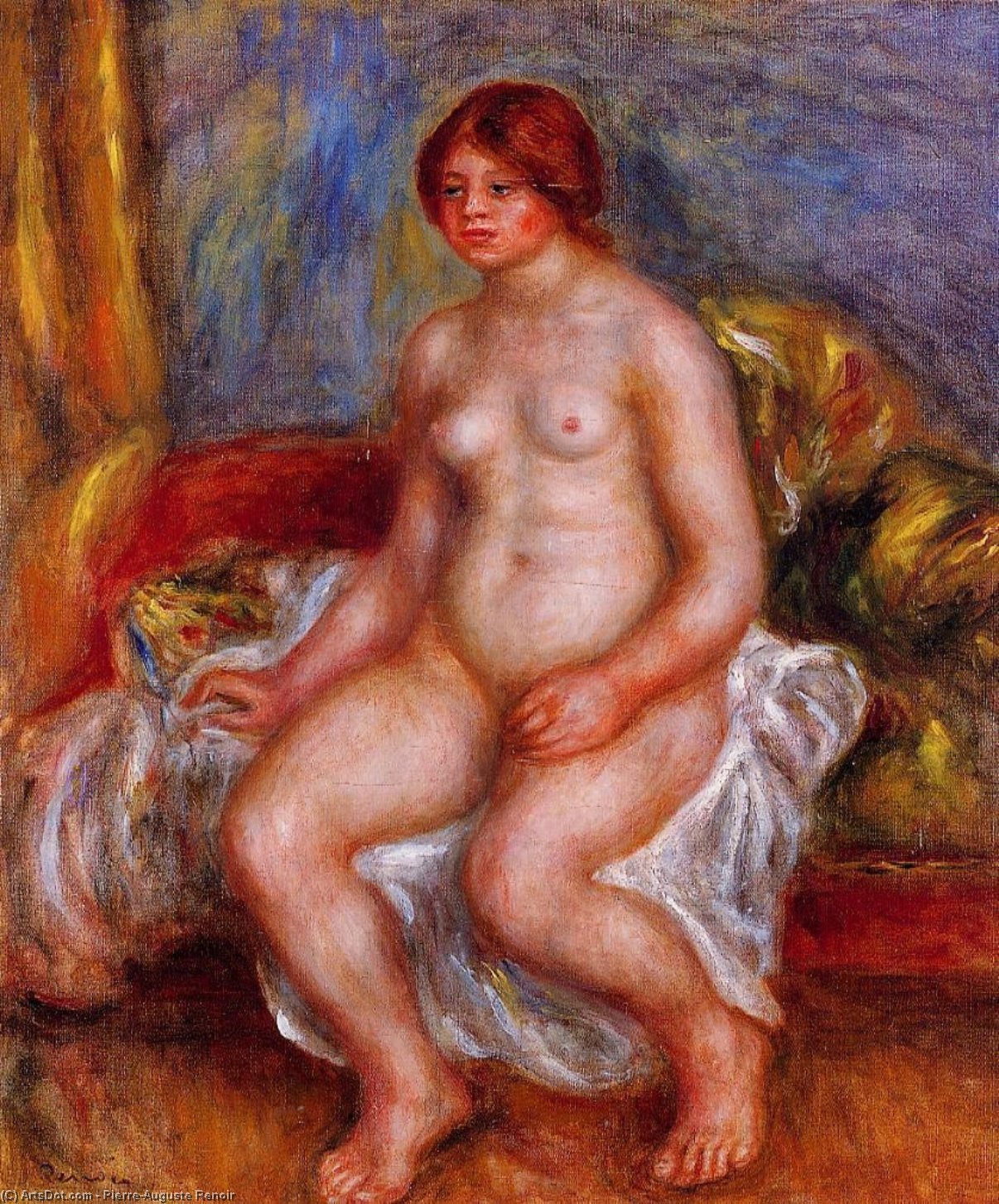 Wikioo.org - The Encyclopedia of Fine Arts - Painting, Artwork by Pierre-Auguste Renoir - Nude Woman on Gree Cushions