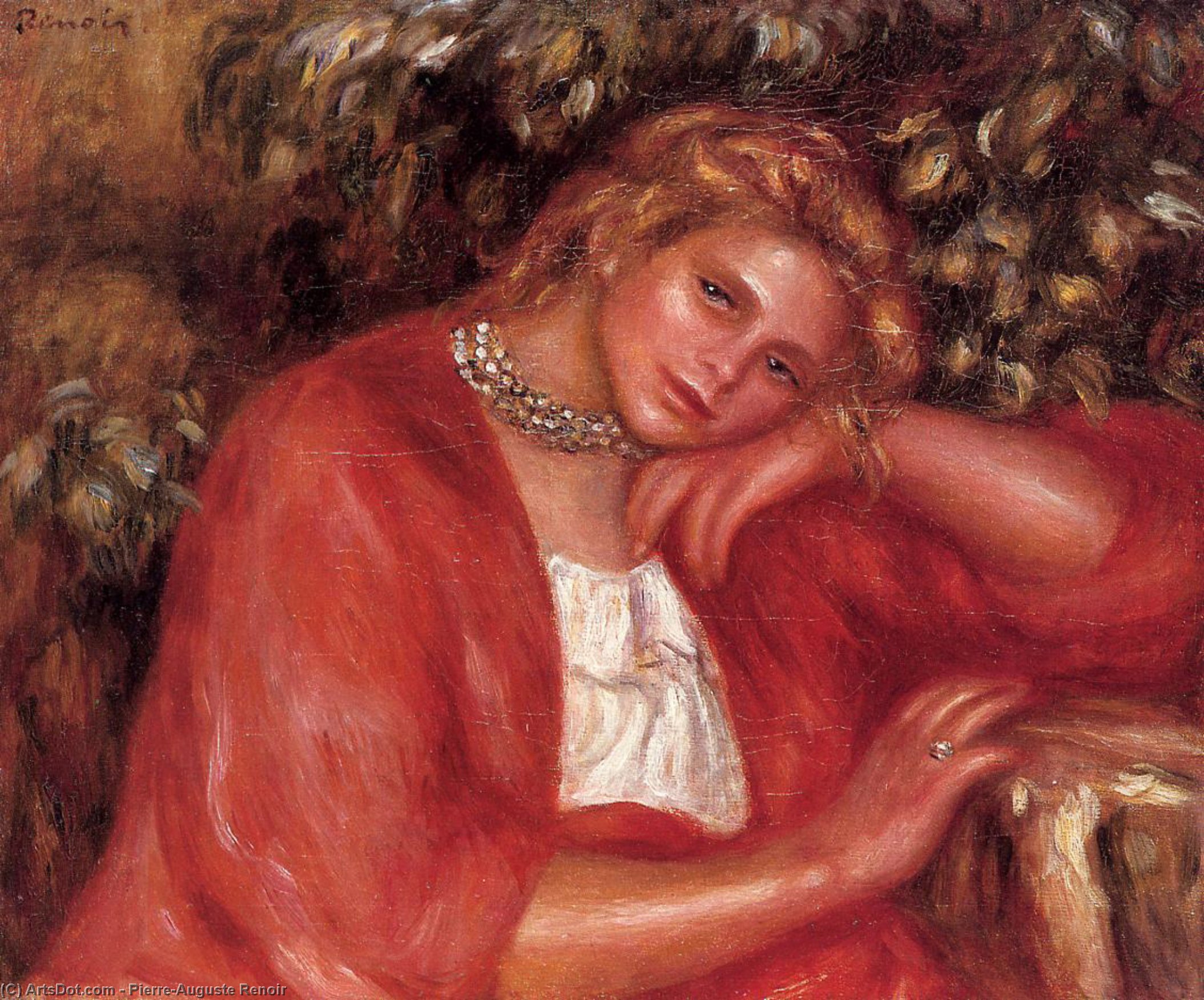 Wikioo.org - The Encyclopedia of Fine Arts - Painting, Artwork by Pierre-Auguste Renoir - Pensive Young Woman Leaning on Her Elbow