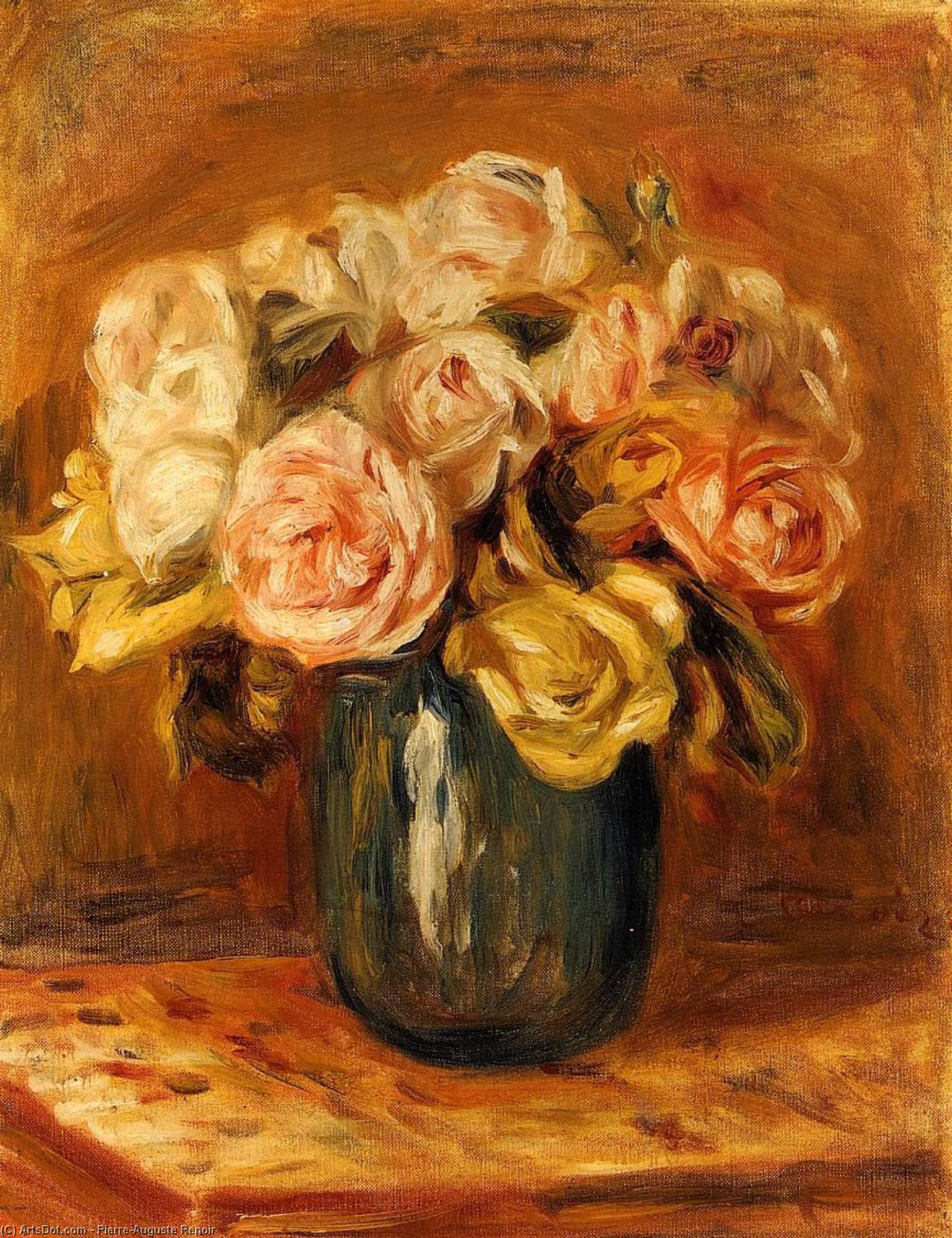 Wikoo.org - موسوعة الفنون الجميلة - اللوحة، العمل الفني Pierre-Auguste Renoir - Roses in a Blue Vase