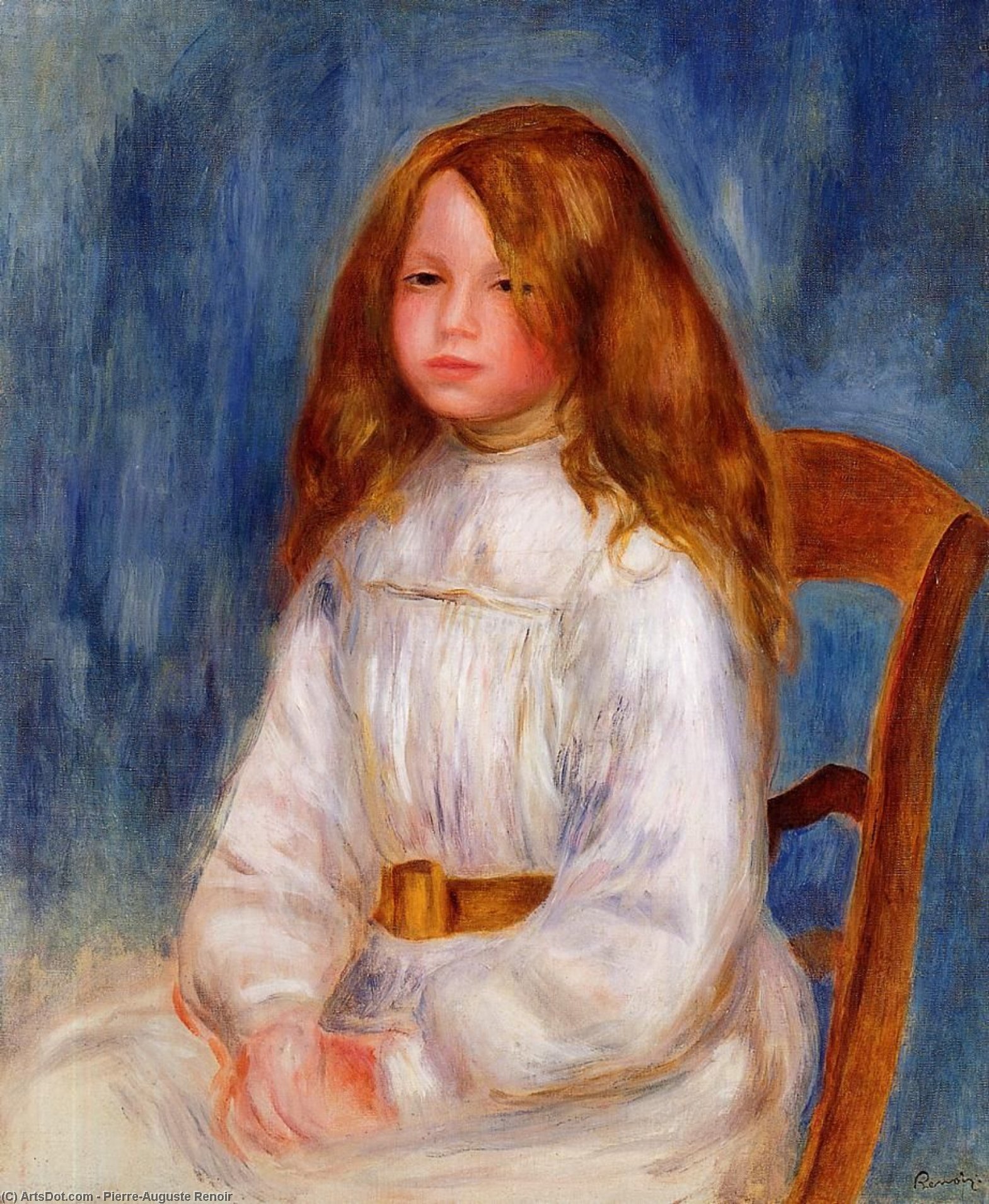 Wikioo.org - The Encyclopedia of Fine Arts - Painting, Artwork by Pierre-Auguste Renoir - Seated Little Girl with a Blue Background