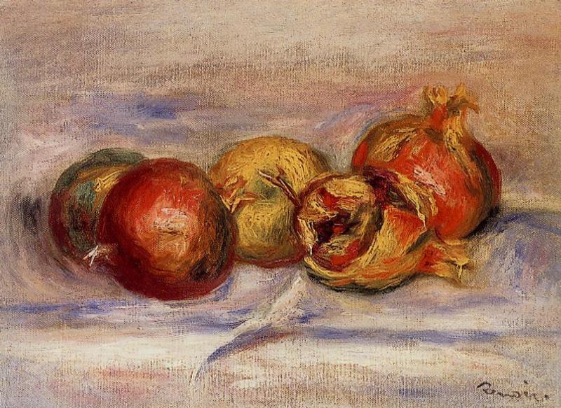 Wikioo.org – La Enciclopedia de las Bellas Artes - Pintura, Obras de arte de Pierre-Auguste Renoir - tres Granadas  asícomo  dos  manzanas