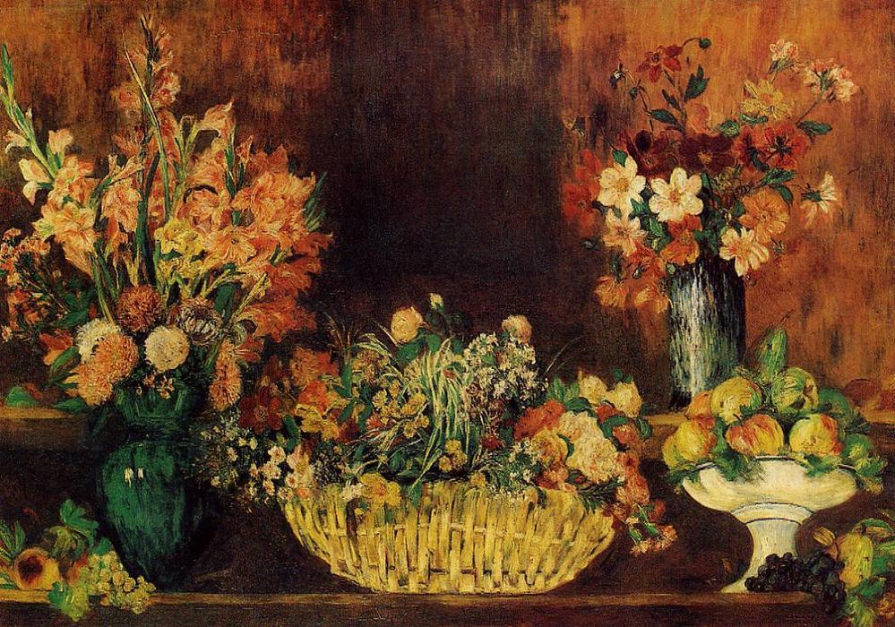 Wikioo.org - สารานุกรมวิจิตรศิลป์ - จิตรกรรม Pierre-Auguste Renoir - Vase, Basket of Flowers and Fruit