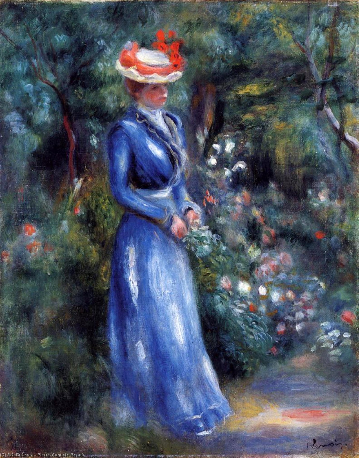 Wikoo.org - موسوعة الفنون الجميلة - اللوحة، العمل الفني Pierre-Auguste Renoir - Woman in a Blue Dress, Standing in the Garden of Saint-Cloud