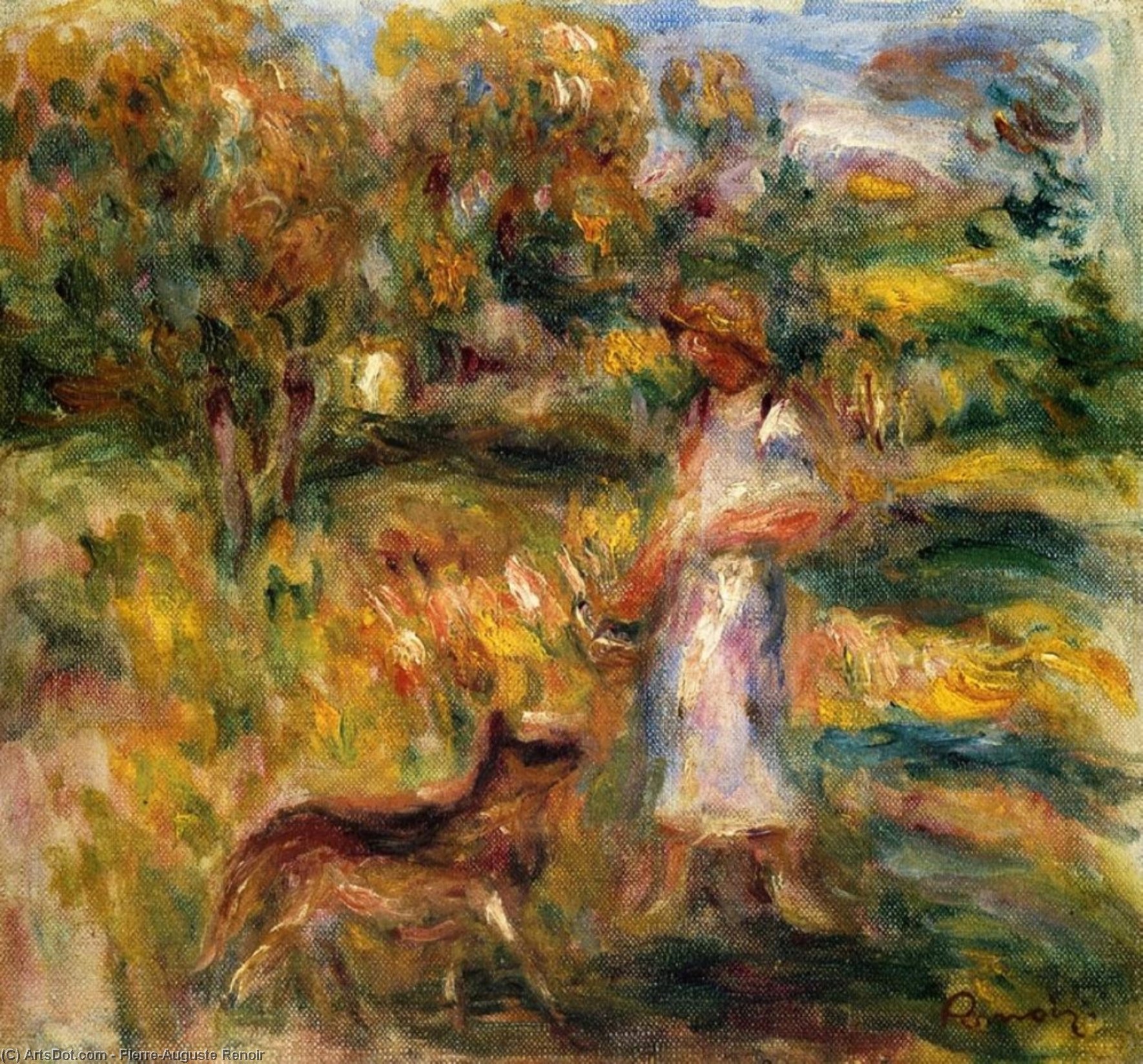 Wikioo.org - The Encyclopedia of Fine Arts - Painting, Artwork by Pierre-Auguste Renoir - Woman in Blue and Zaza in a Landscape