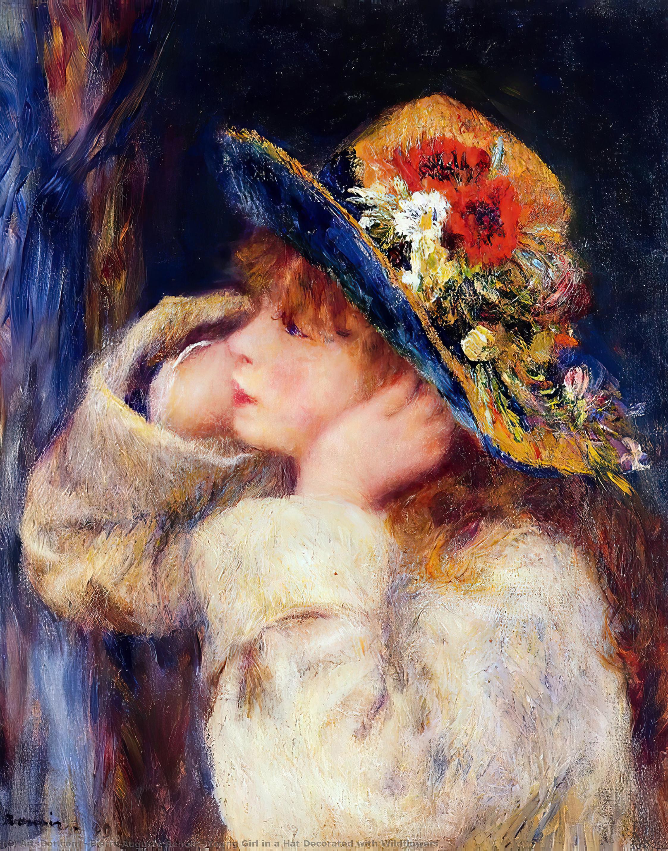 Wikioo.org - The Encyclopedia of Fine Arts - Painting, Artwork by Pierre-Auguste Renoir - Young Girl in a Hat Decorated with Wildflowers