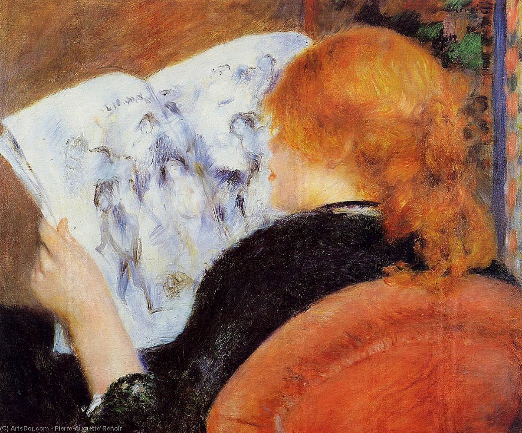 Wikioo.org – L'Enciclopedia delle Belle Arti - Pittura, Opere di Pierre-Auguste Renoir - giovane donna leggere un illustrato giornale