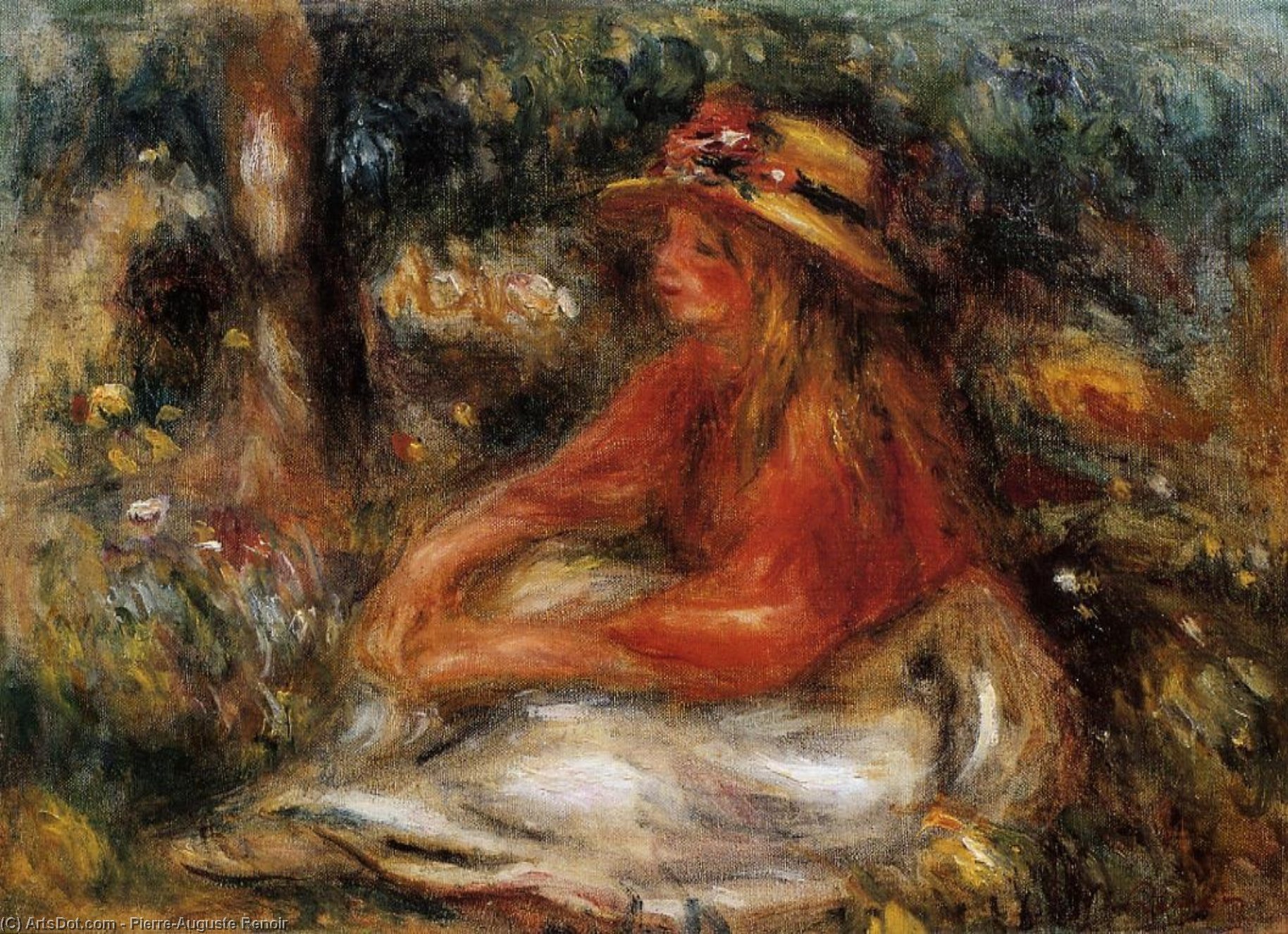 Wikioo.org - The Encyclopedia of Fine Arts - Painting, Artwork by Pierre-Auguste Renoir - Young Woman Seated on the Grass