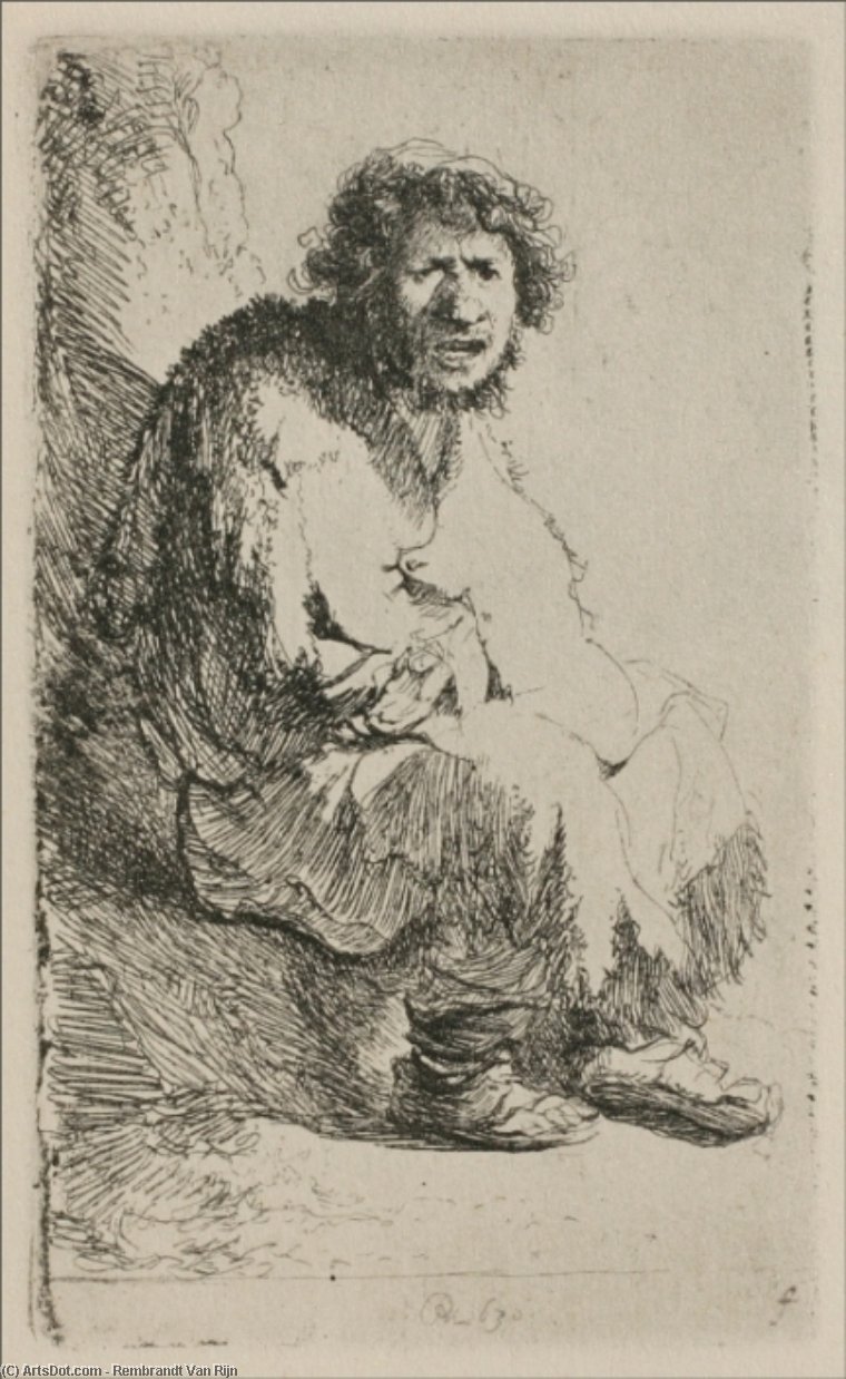 Wikioo.org - The Encyclopedia of Fine Arts - Painting, Artwork by Rembrandt Van Rijn - A Beggar Sitting on a Hollock, with his Mouth Open