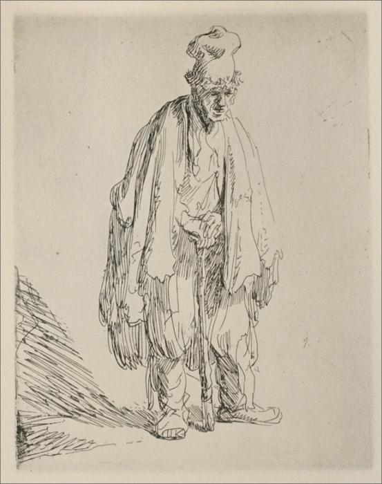 WikiOO.org - Güzel Sanatlar Ansiklopedisi - Resim, Resimler Rembrandt Van Rijn - A Beggar Standing and Leaning on a Stick