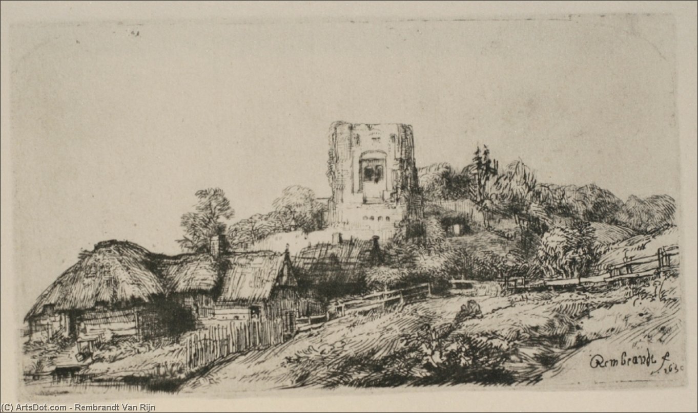 Wikoo.org - موسوعة الفنون الجميلة - اللوحة، العمل الفني Rembrandt Van Rijn - A Village with a Square Tower