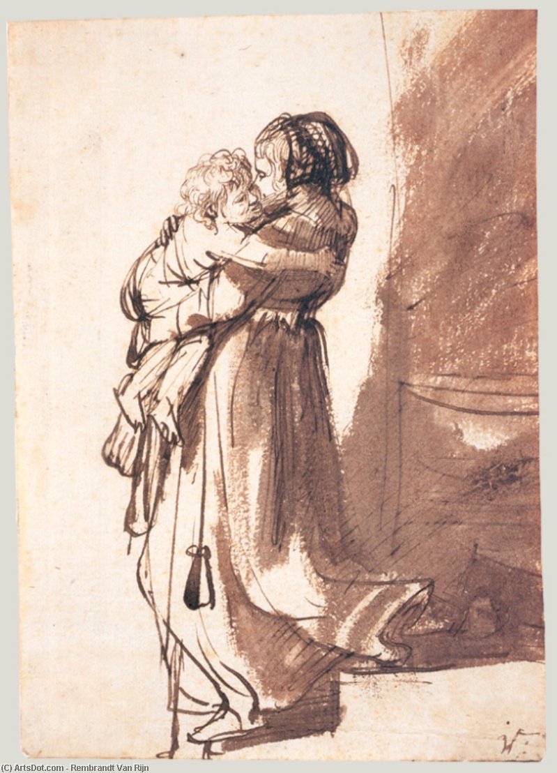 Wikioo.org - สารานุกรมวิจิตรศิลป์ - จิตรกรรม Rembrandt Van Rijn - A Woman and Child Descending a Staircase