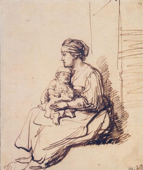 Wikioo.org – La Enciclopedia de las Bellas Artes - Pintura, Obras de arte de Rembrandt Van Rijn - una mujer con un pequeño niño on ella vuelta