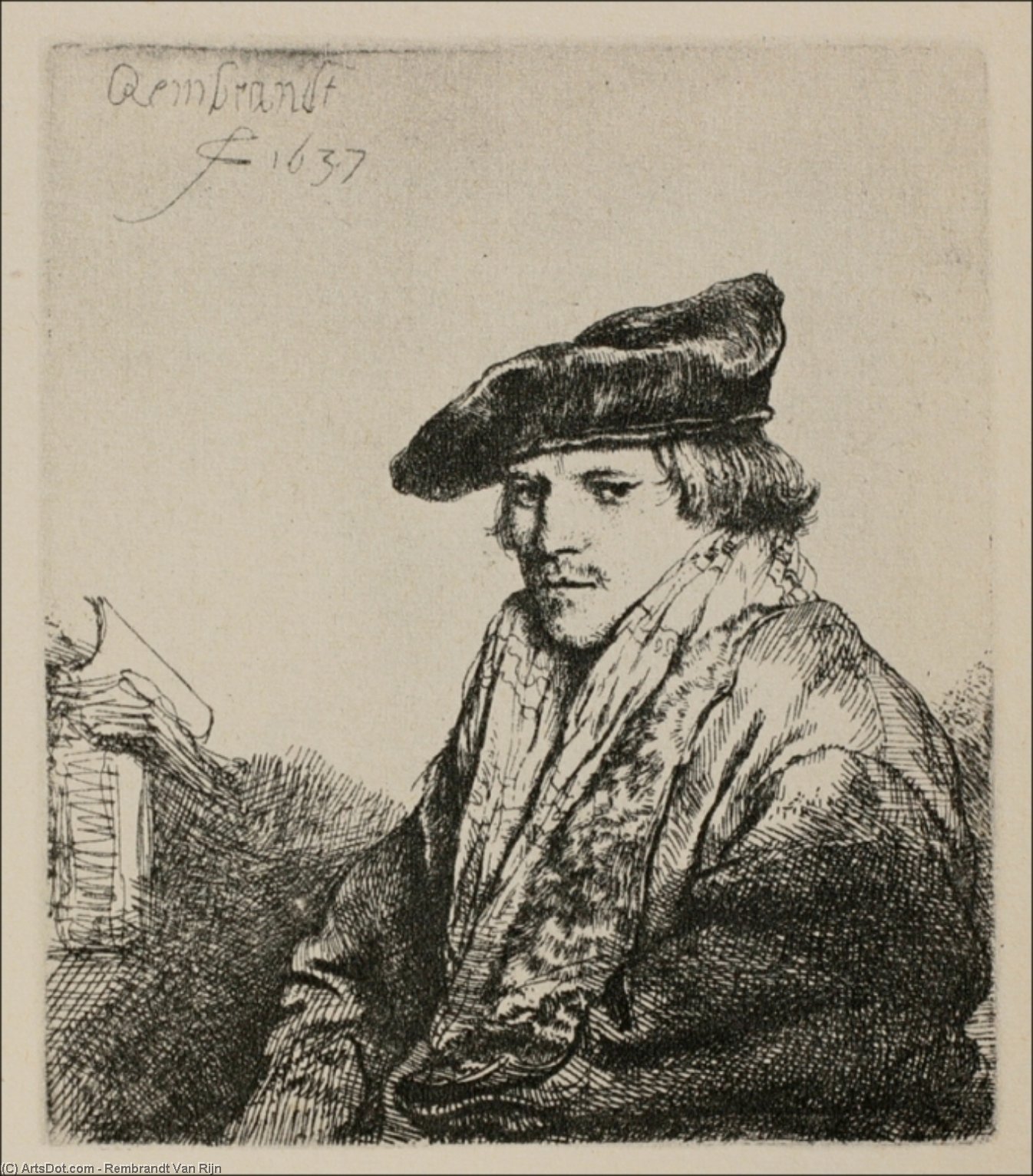 Wikioo.org – L'Encyclopédie des Beaux Arts - Peinture, Oeuvre de Rembrandt Van Rijn - un jeune homme assis est tournée  afin  la  laissée