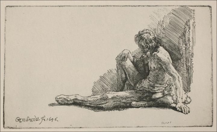 Wikoo.org - موسوعة الفنون الجميلة - اللوحة، العمل الفني Rembrandt Van Rijn - An Acedemical Figure Seated on the Ground