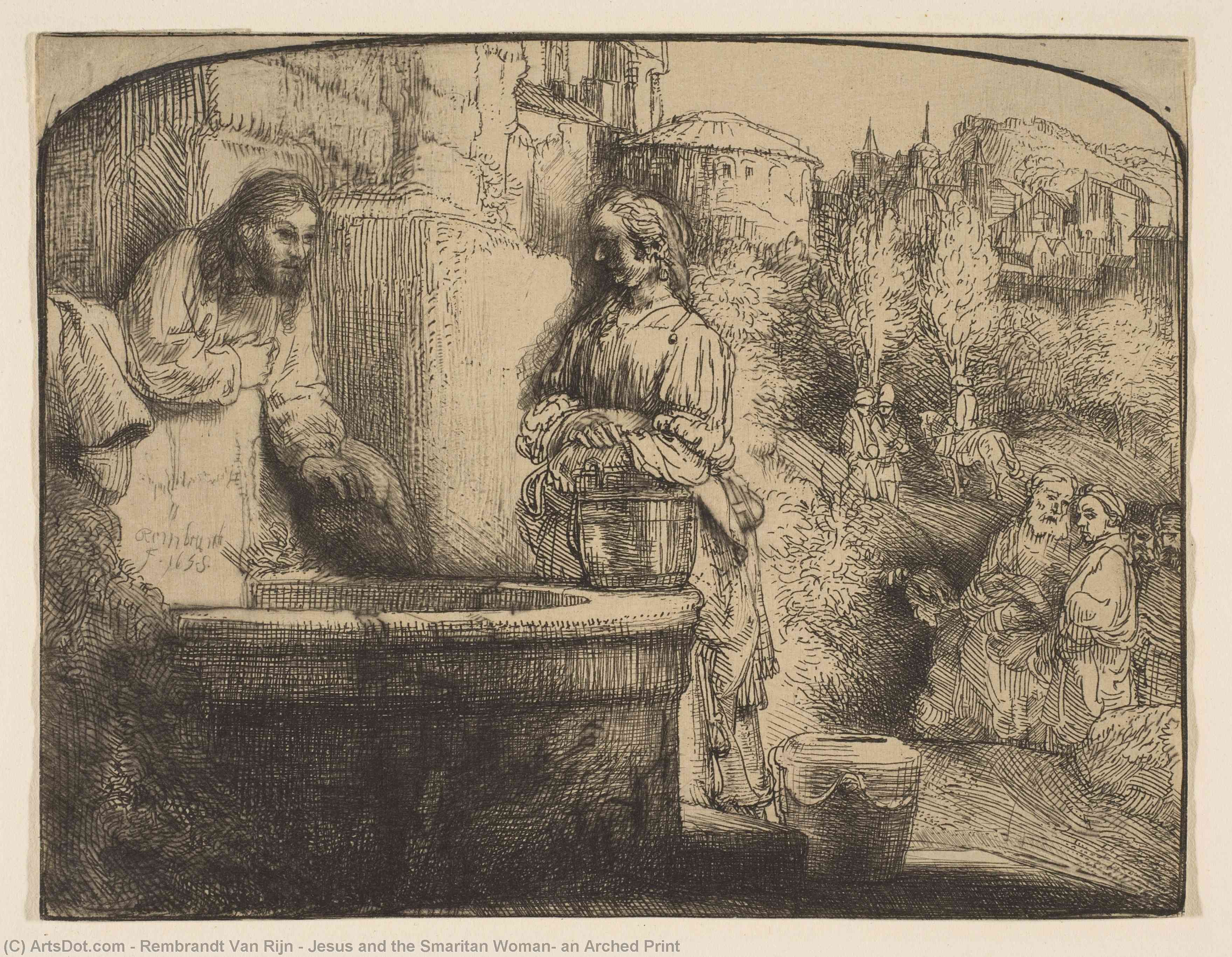 Wikioo.org - Encyklopedia Sztuk Pięknych - Malarstwo, Grafika Rembrandt Van Rijn - Jesus and the Smaritan Woman; an Arched Print