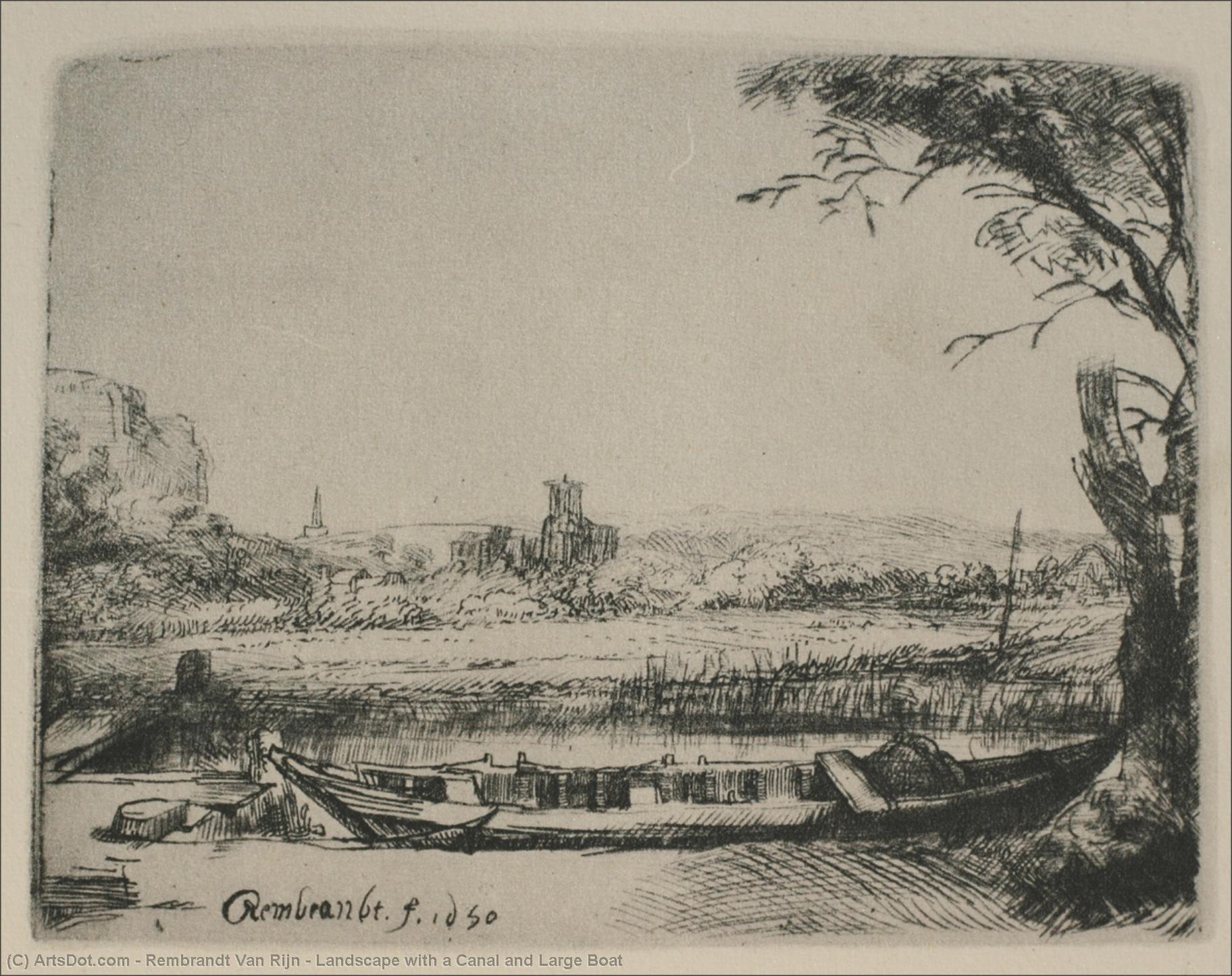 Wikioo.org - Bách khoa toàn thư về mỹ thuật - Vẽ tranh, Tác phẩm nghệ thuật Rembrandt Van Rijn - Landscape with a Canal and Large Boat