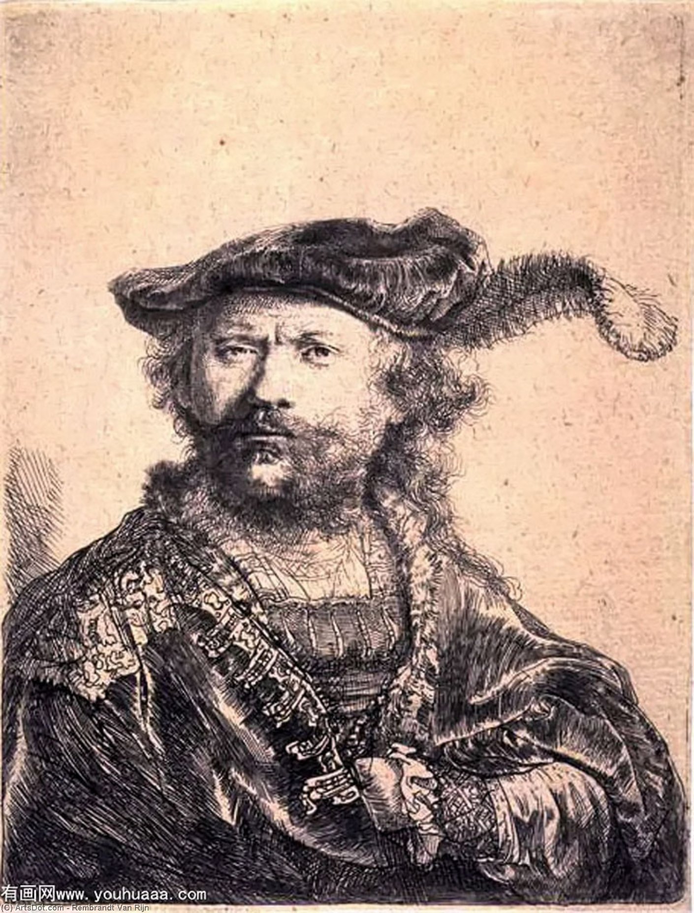 WikiOO.org - Encyclopedia of Fine Arts - Festés, Grafika Rembrandt Van Rijn - Rembrandt in Velvet Cap and Plume