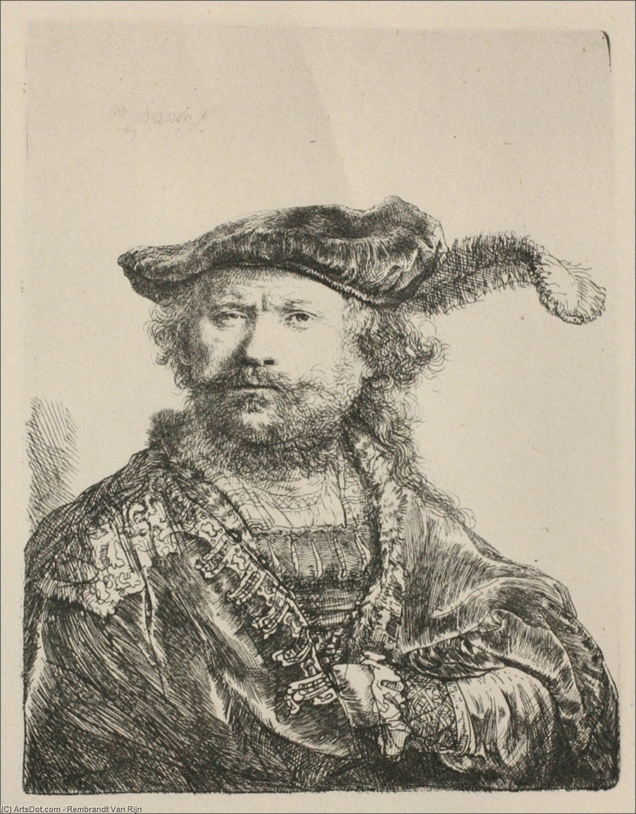WikiOO.org - 백과 사전 - 회화, 삽화 Rembrandt Van Rijn - Rembrandt with Mezetin Cap and Feather