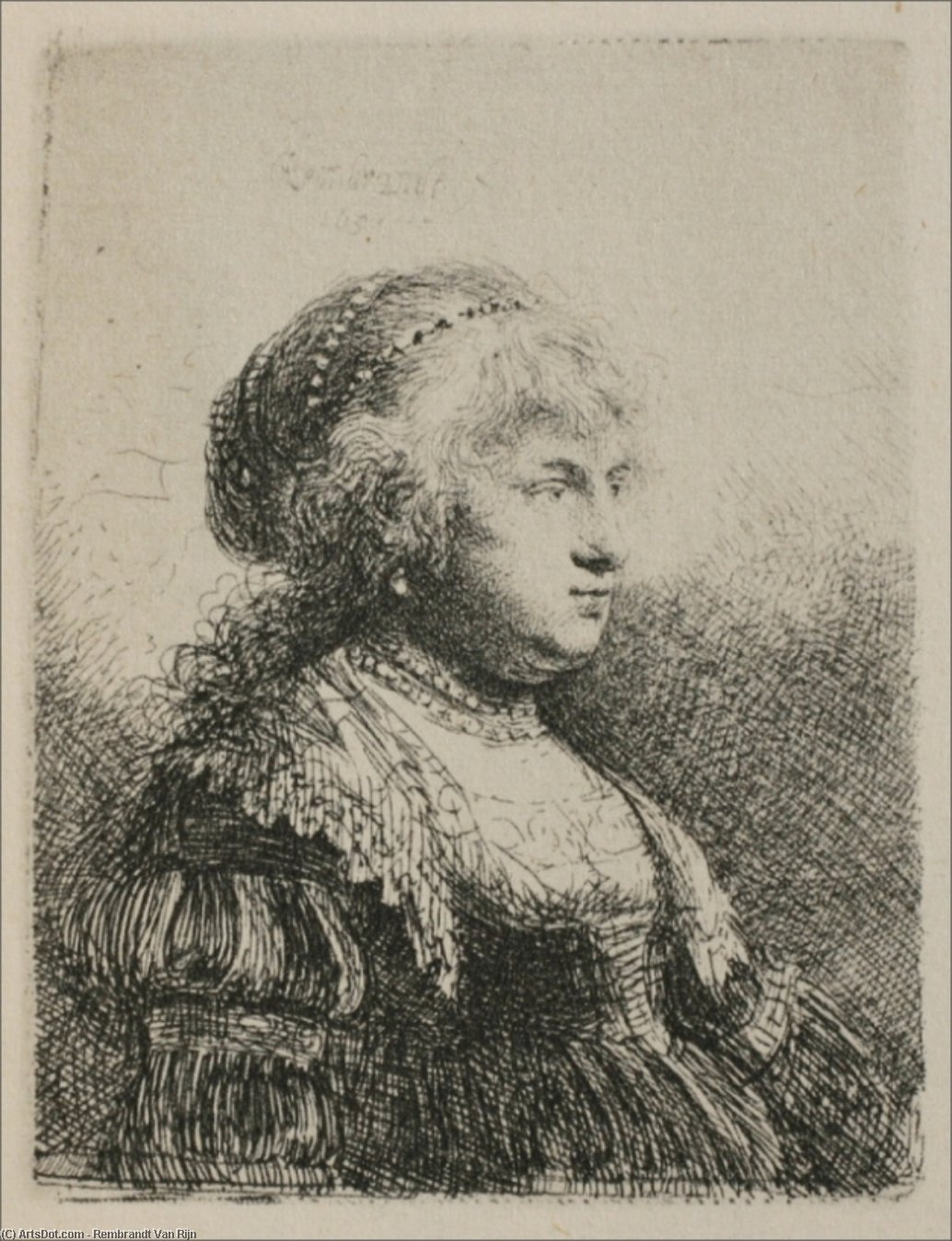 Wikioo.org - Encyklopedia Sztuk Pięknych - Malarstwo, Grafika Rembrandt Van Rijn - Rembrandt's Wife with Pearls in her Hair