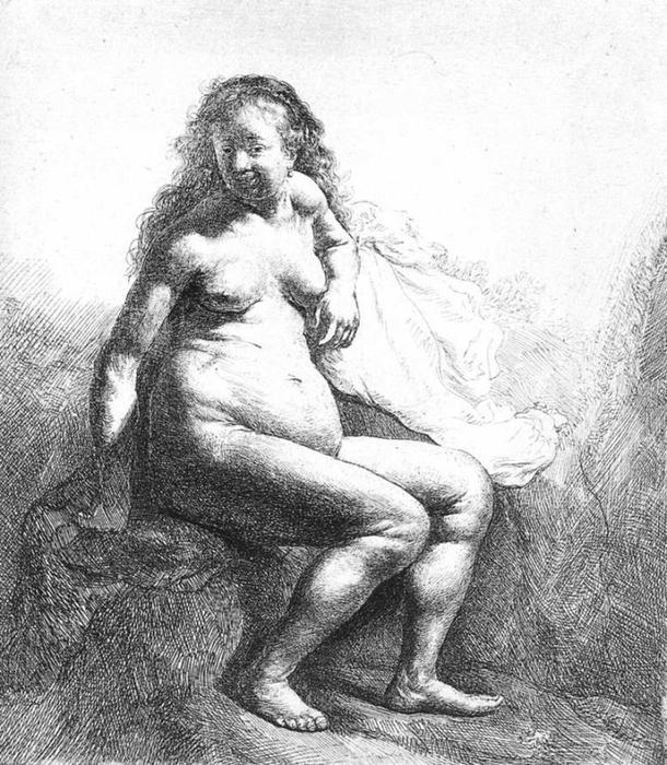 WikiOO.org – 美術百科全書 - 繪畫，作品 Rembrandt Van Rijn -  坐在  女性 裸体
