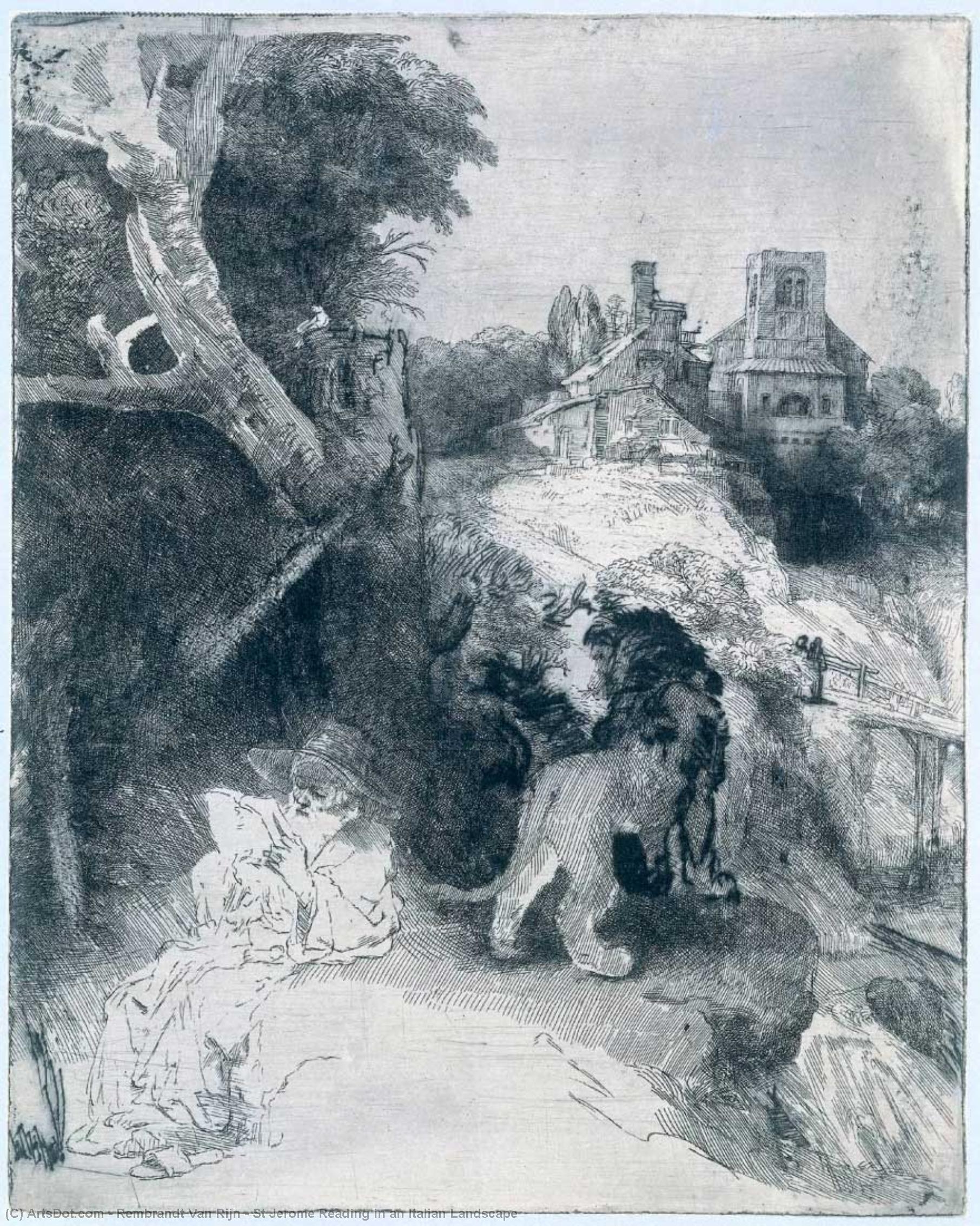 WikiOO.org - Encyclopedia of Fine Arts - Lukisan, Artwork Rembrandt Van Rijn - St Jerome Reading in an Italian Landscape