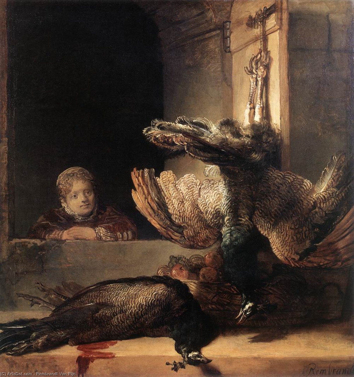 Wikioo.org - The Encyclopedia of Fine Arts - Painting, Artwork by Rembrandt Van Rijn - Still-Life with Two Dead Peacocks and a Girl